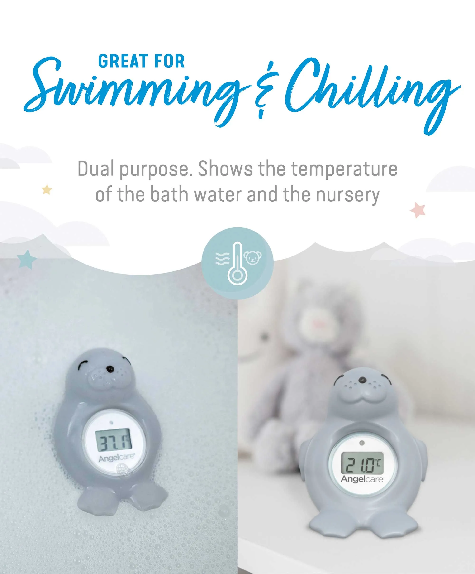 Angelcare Happy Seal Baby Bath & Room Thermometer - Grey