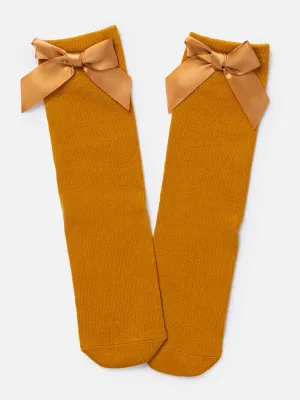 Baby Girl Adorable Knee Socks with Satin Bow-Mustard Yellow