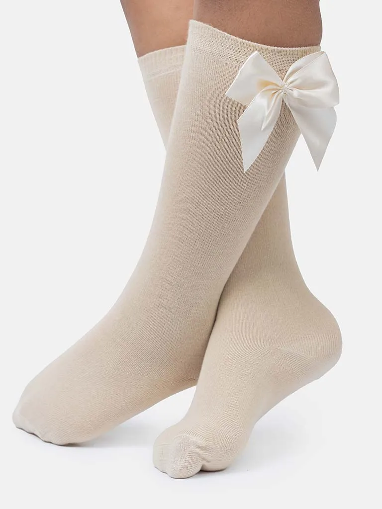 Baby Girl Vibrant Big Satin Bow Knee Socks-Beige