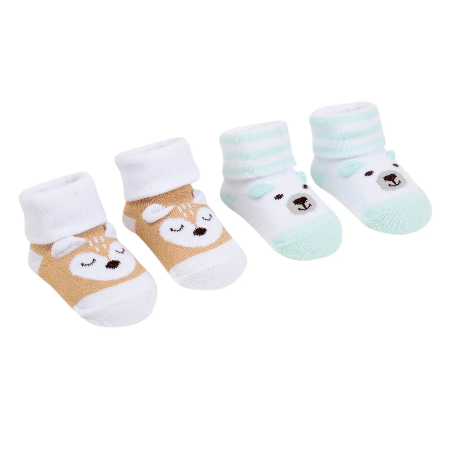 Baby Moo 3D Fox Bear Cotton Ankle Length Infant Dress Up Walking Set of 2 Socks Booties - Turquoise