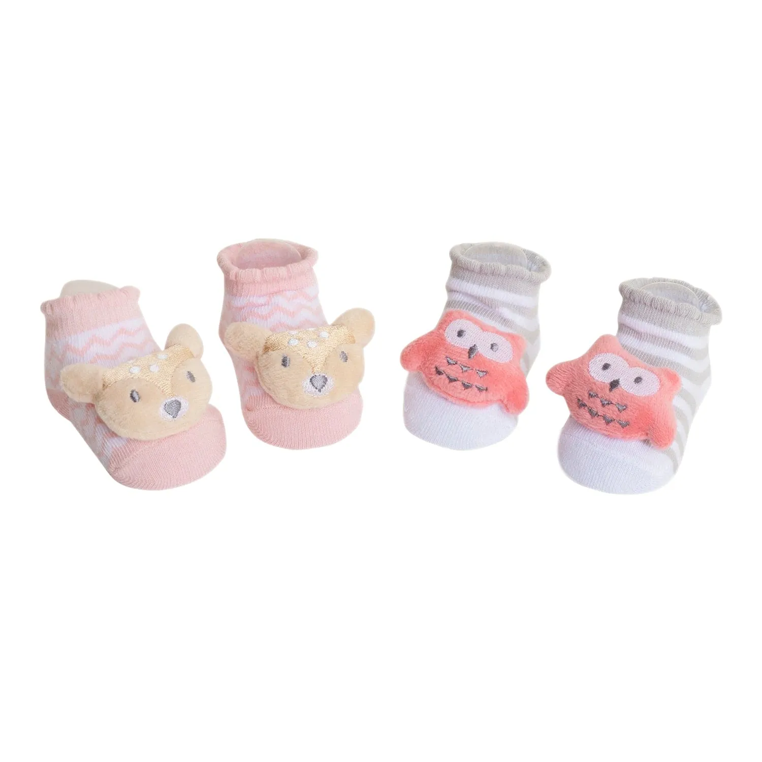 Baby Moo 3D Owl And Teddy Cotton Ankle Length Fancy Infant Gift Set of 2 Socks Booties - Grey, Pink