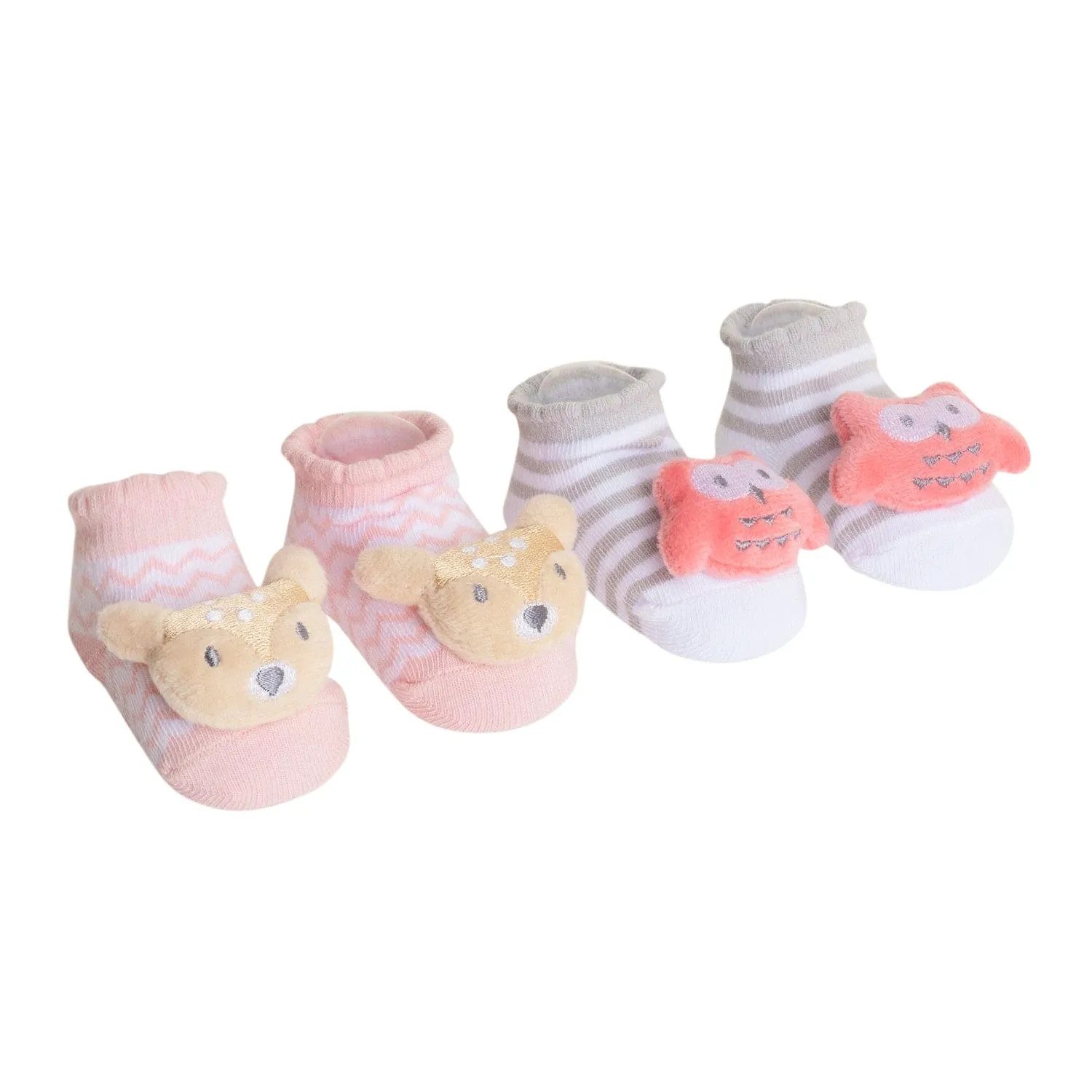 Baby Moo 3D Owl And Teddy Cotton Ankle Length Fancy Infant Gift Set of 2 Socks Booties - Grey, Pink