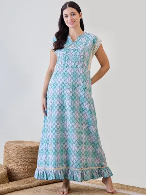 Blue Hatch Stitch Cotton Night Dress