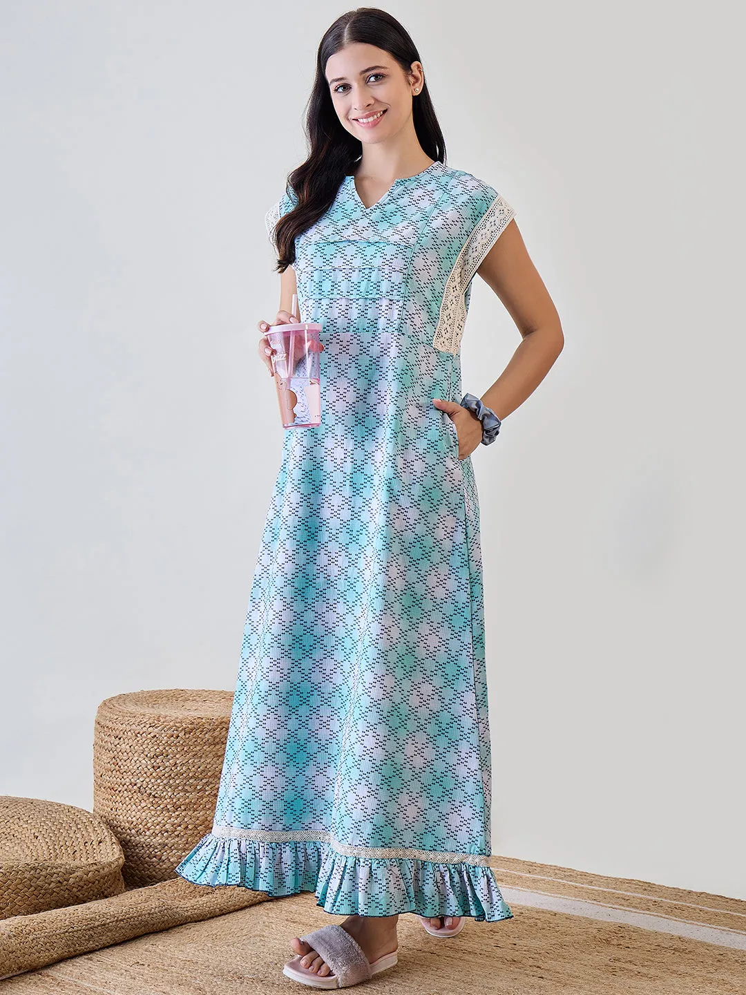 Blue Hatch Stitch Cotton Night Dress