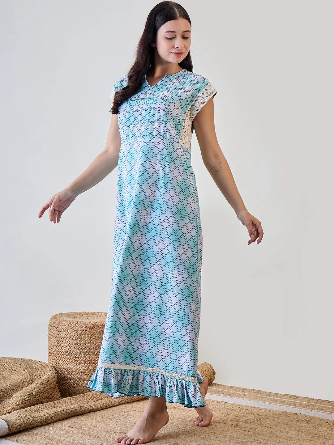 Blue Hatch Stitch Cotton Night Dress