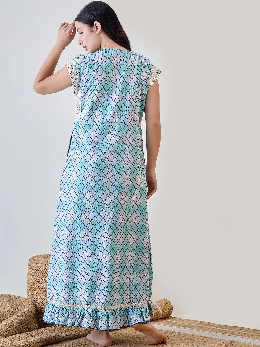 Blue Hatch Stitch Cotton Night Dress