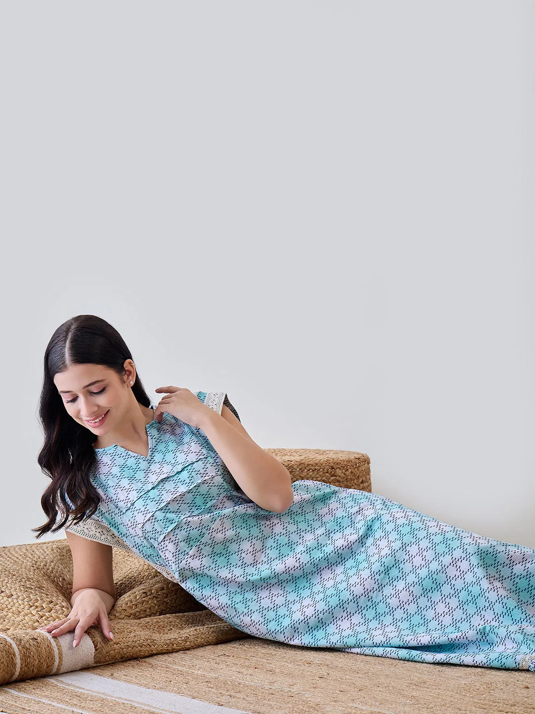 Blue Hatch Stitch Cotton Night Dress