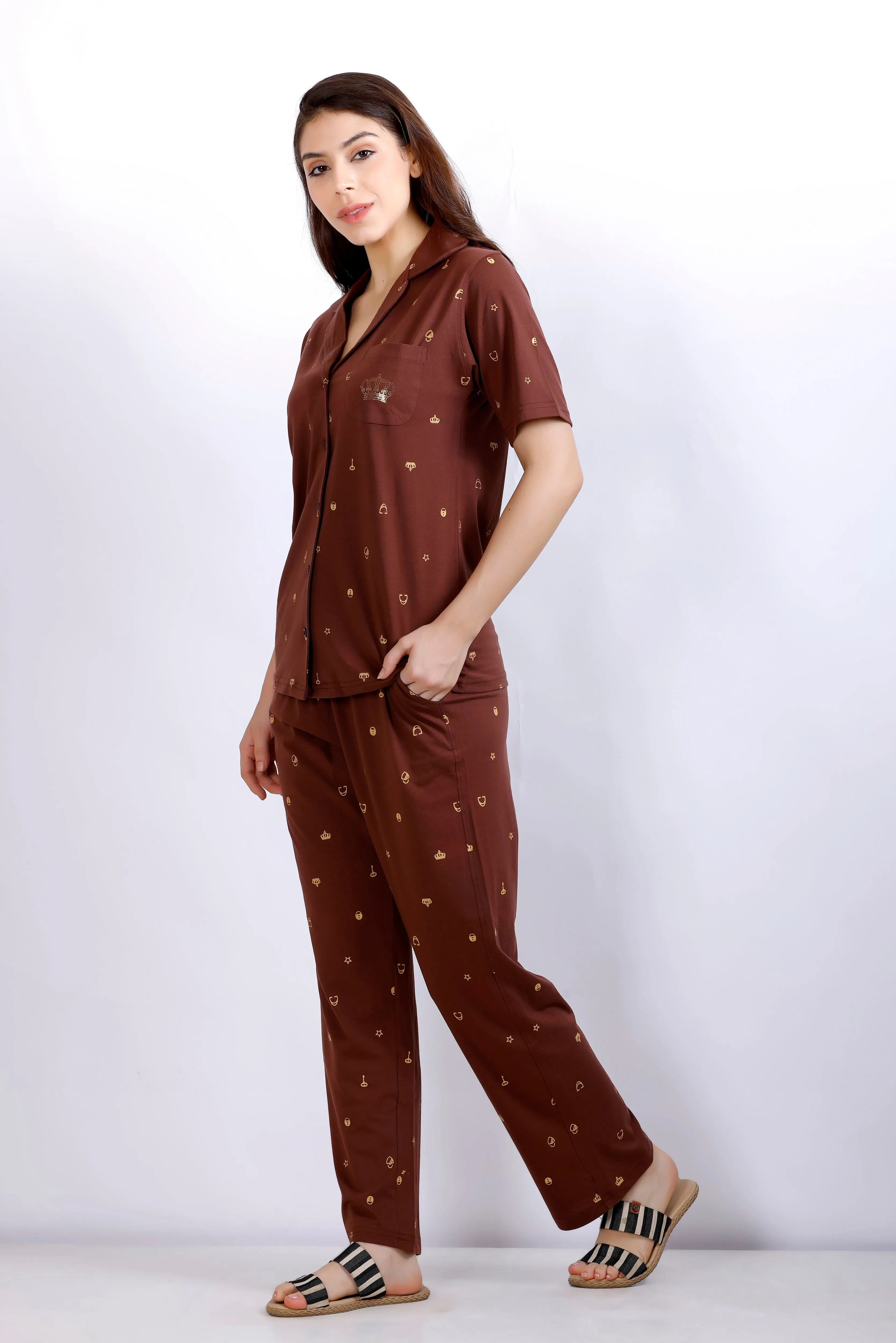 Brown Printed Collar Nightwear  Women's Top & Pyjama Set with Pockets - Comfortable and Stylish Sleepwear MX_HS46