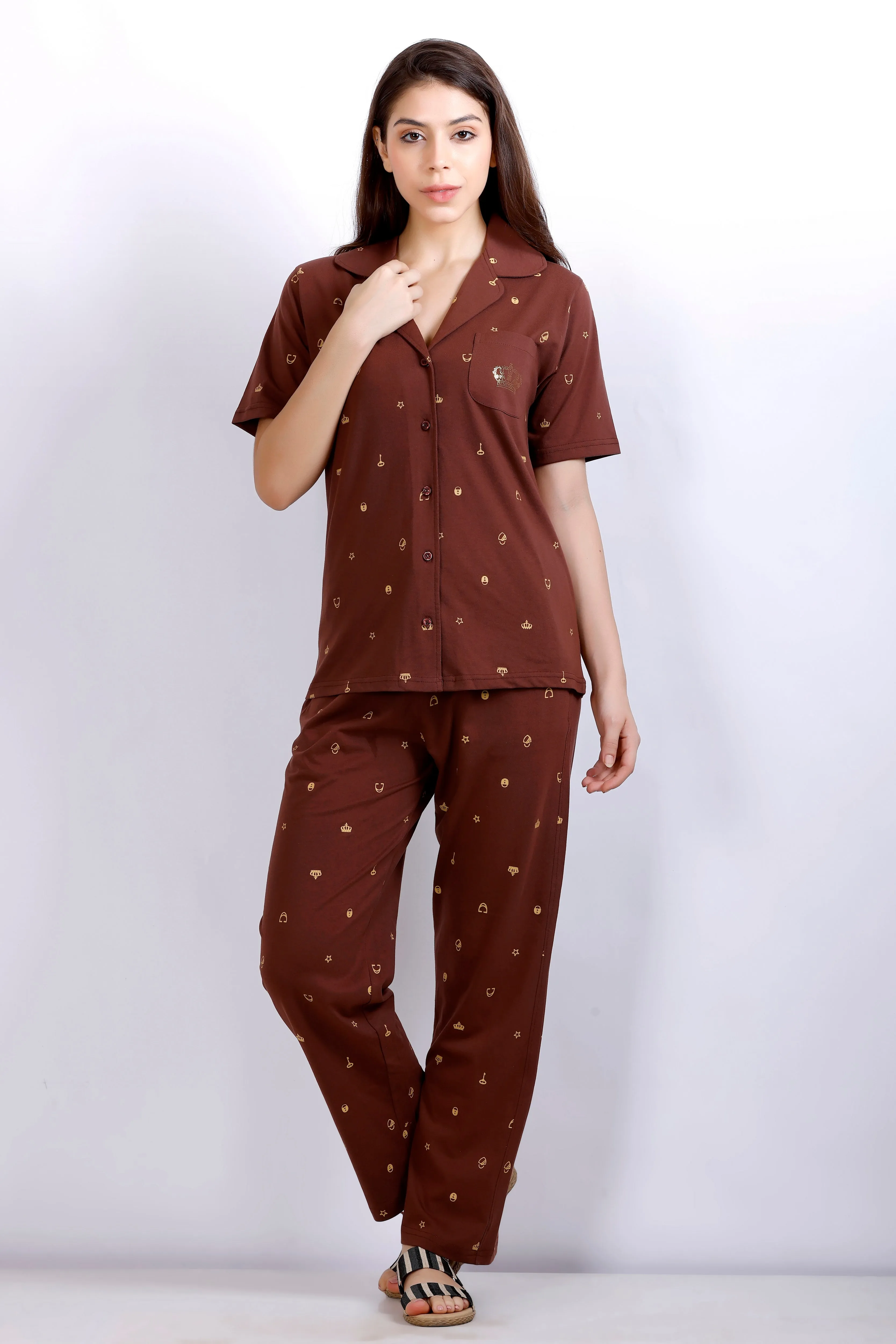 Brown Printed Collar Nightwear  Women's Top & Pyjama Set with Pockets - Comfortable and Stylish Sleepwear MX_HS46