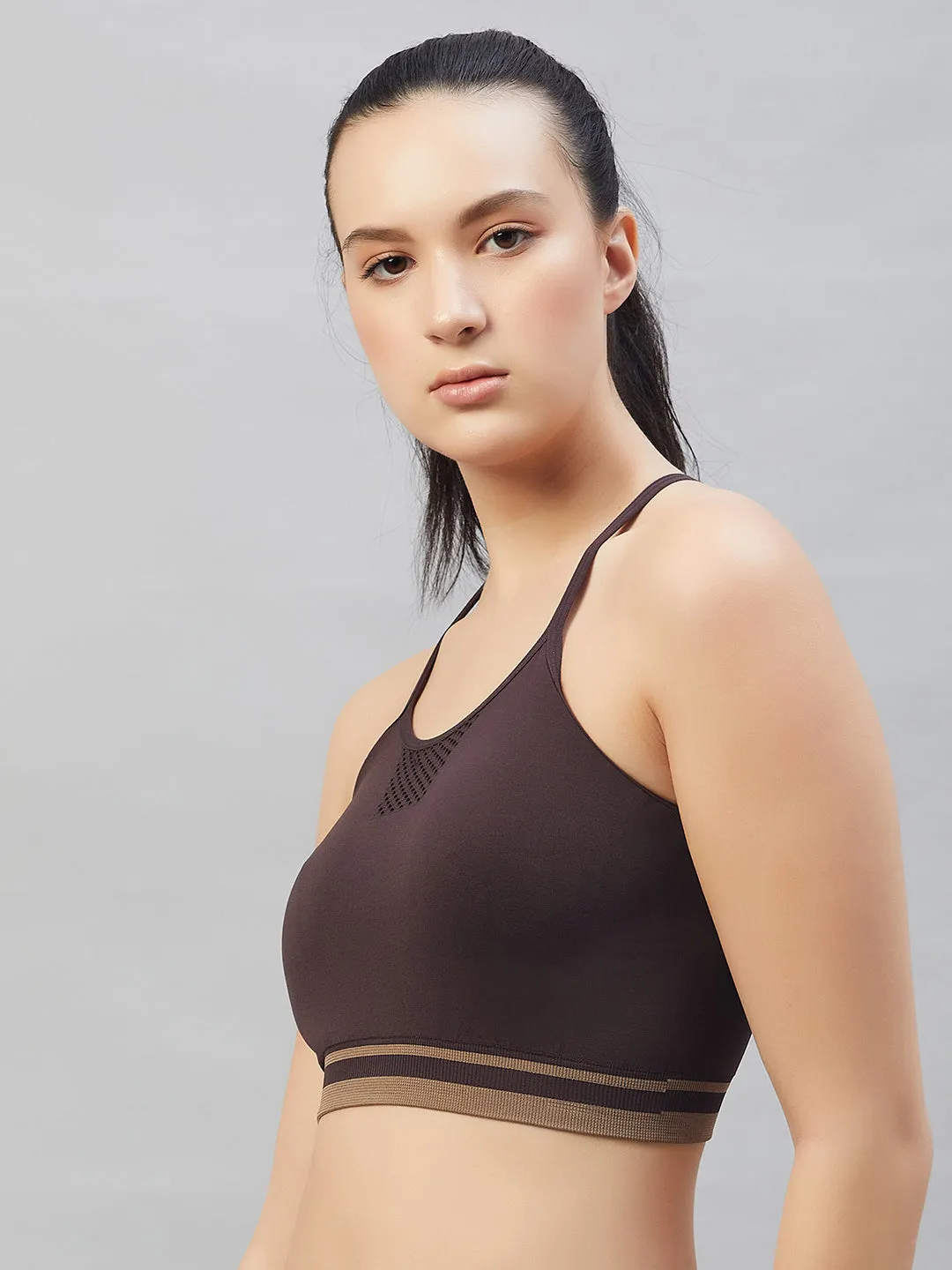 C9 Airwear seamless Women`s  Sports Bra with Thin Straps and Mesh - Black Coffee