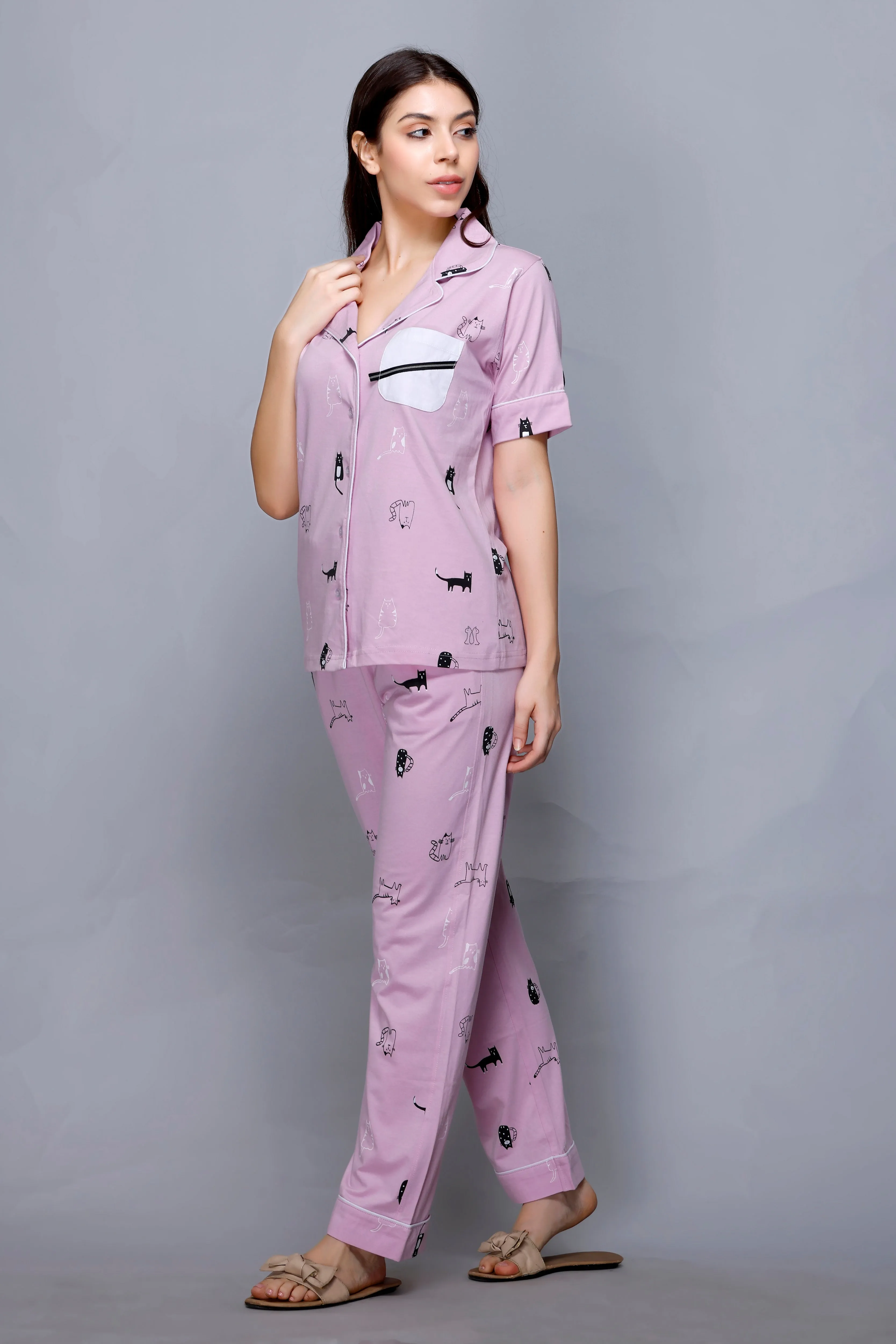 Cat print, Lavender, Collar half sleeve Nightwear with Contrast Pocket MX_HS45