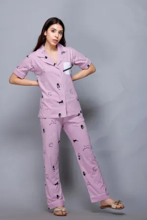 Cat print, Lavender, Collar half sleeve Nightwear with Contrast Pocket MX_HS45