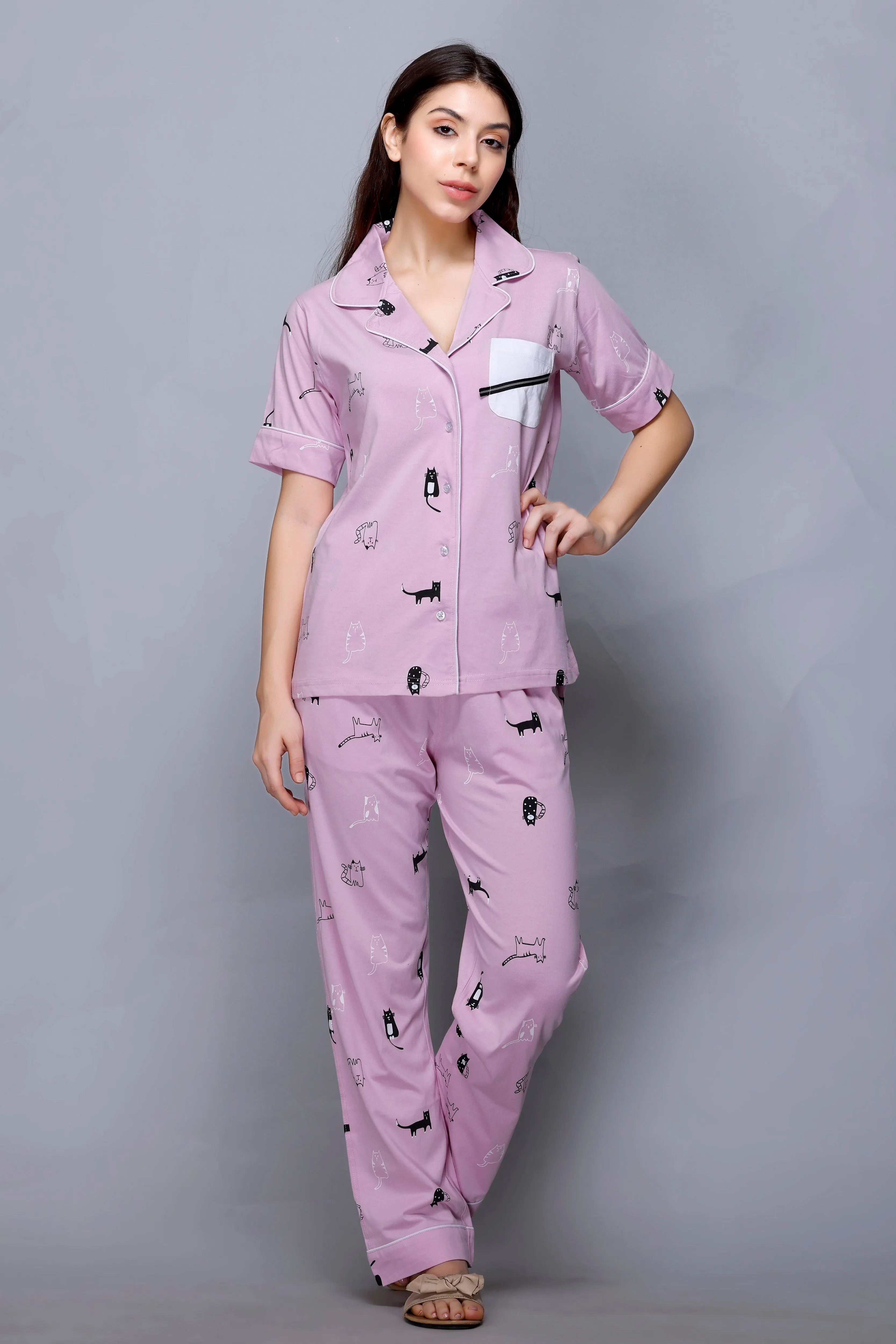 Cat print, Lavender, Collar half sleeve Nightwear with Contrast Pocket MX_HS45