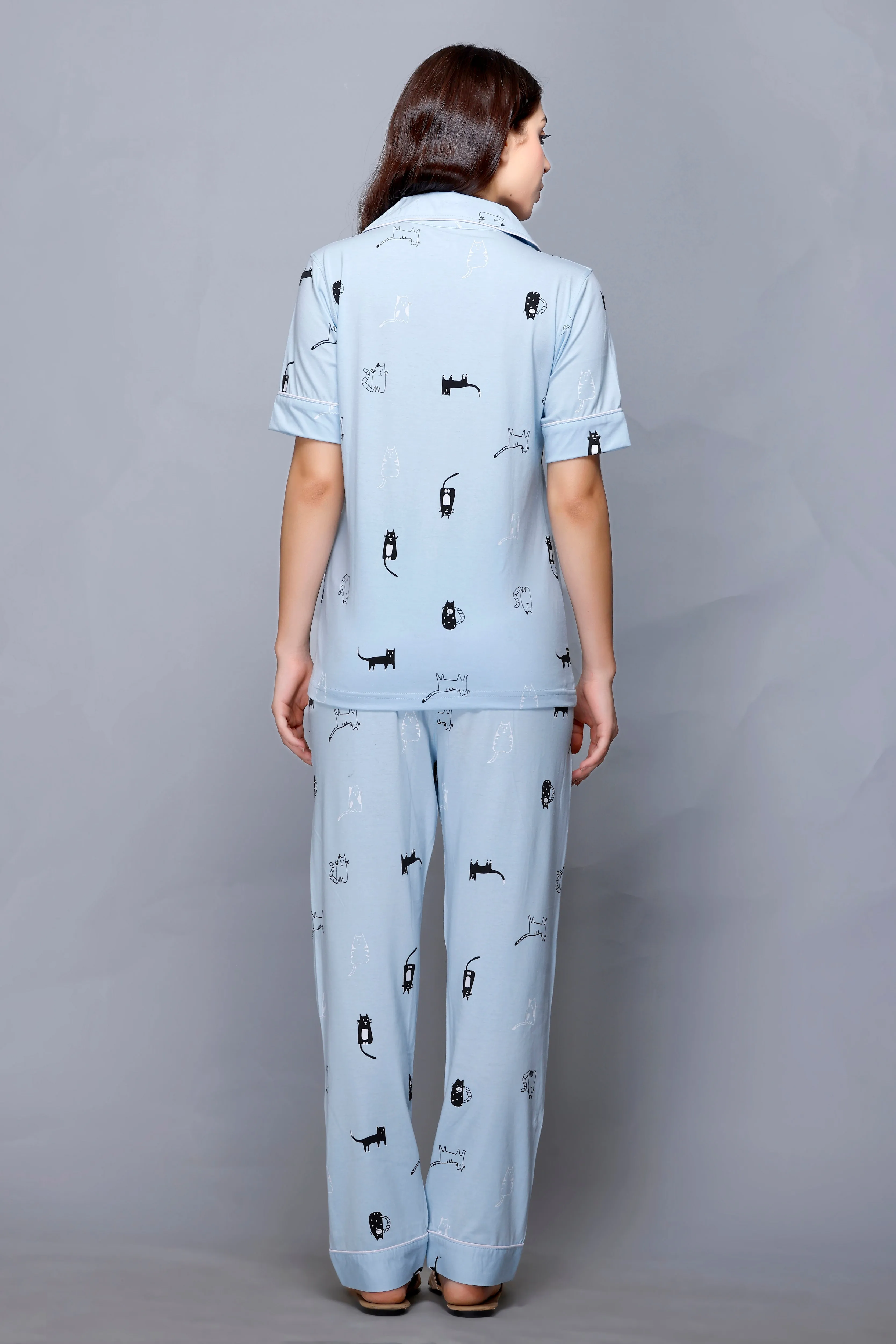 Cat Print, Sky Blue Color, Collar Half Sleeve Nightwear With Contrast Pocket MX_HS43