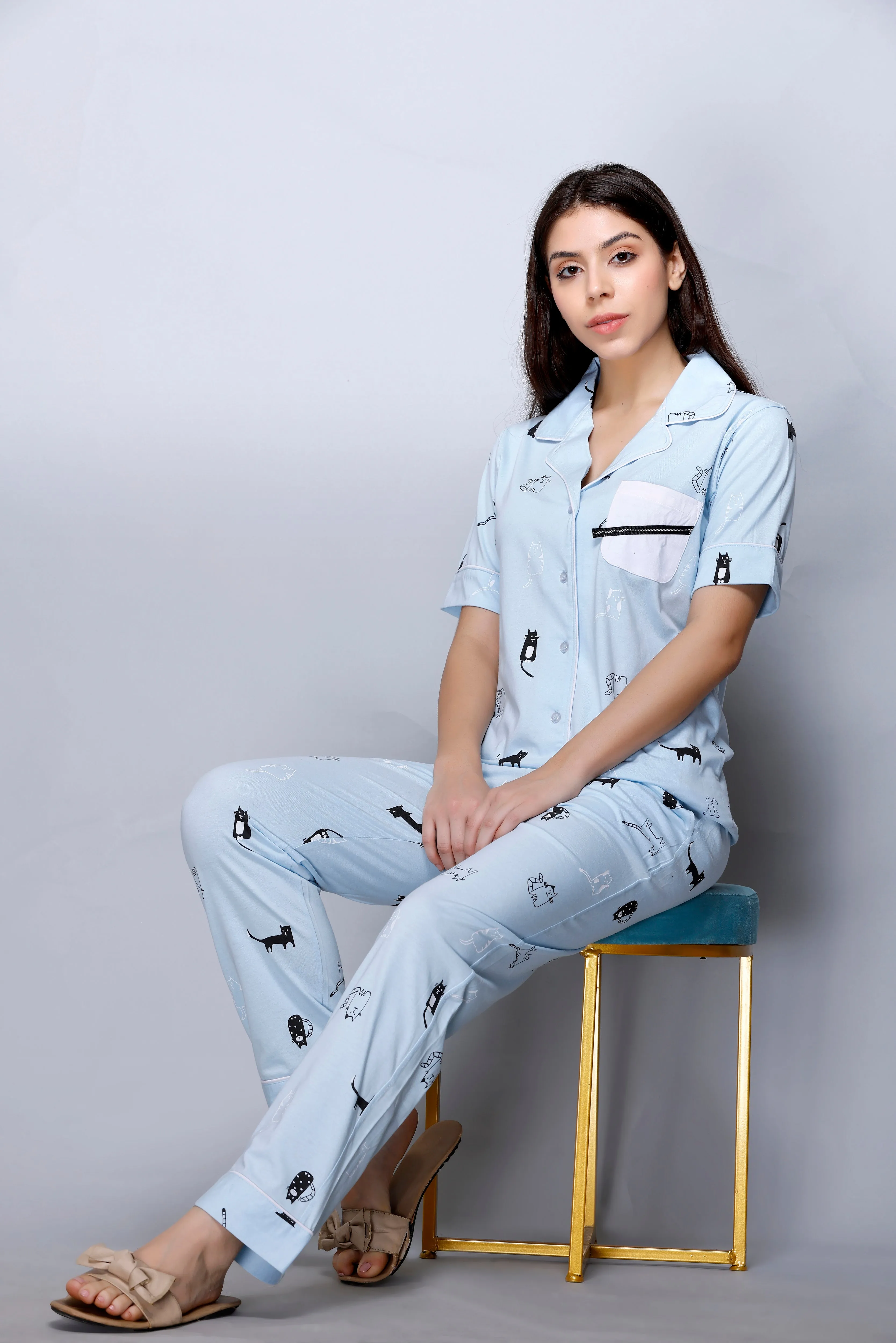 Cat Print, Sky Blue Color, Collar Half Sleeve Nightwear With Contrast Pocket MX_HS43