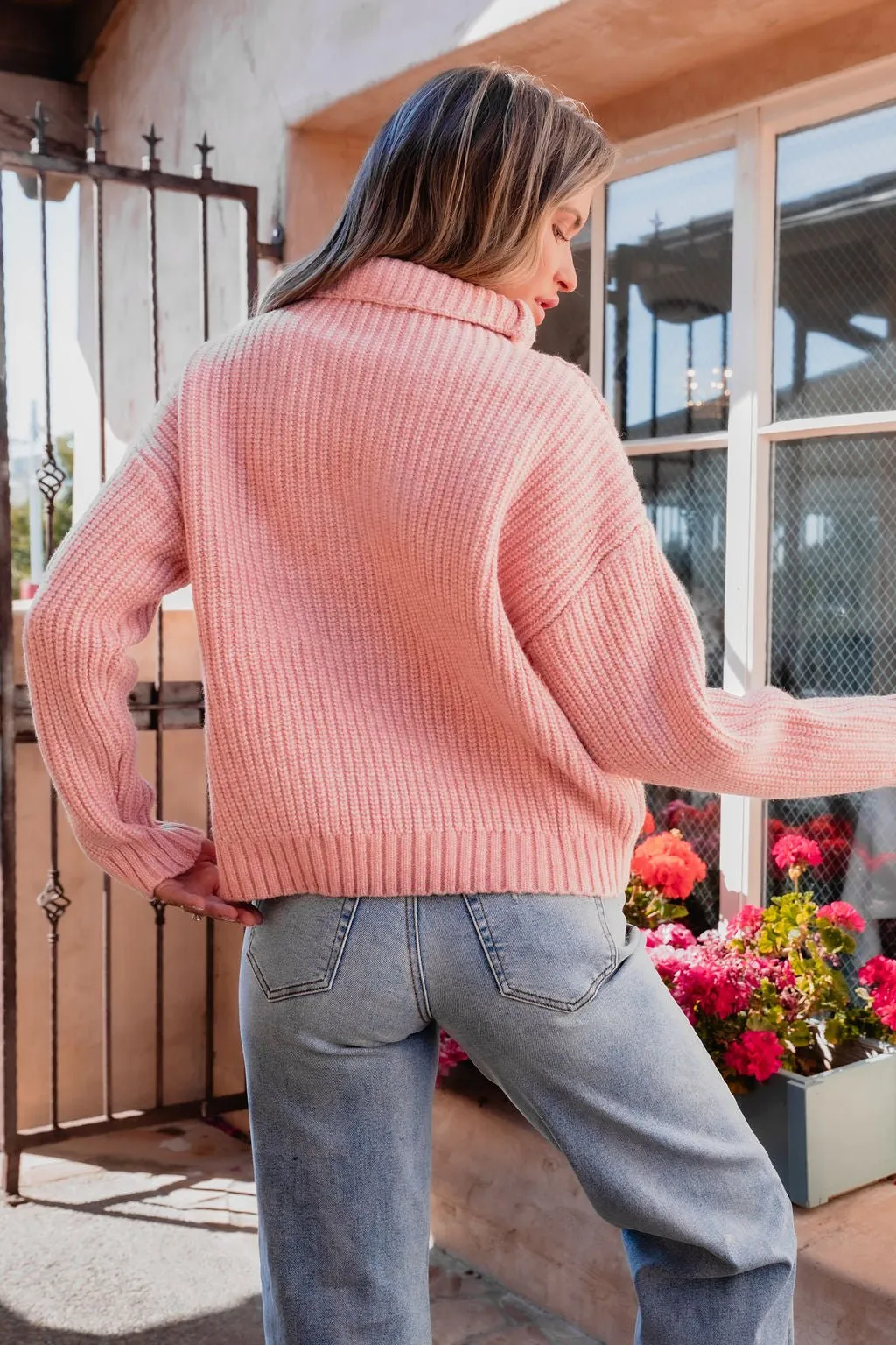 Chunky Pink Ribbed Turtleneck Sweater