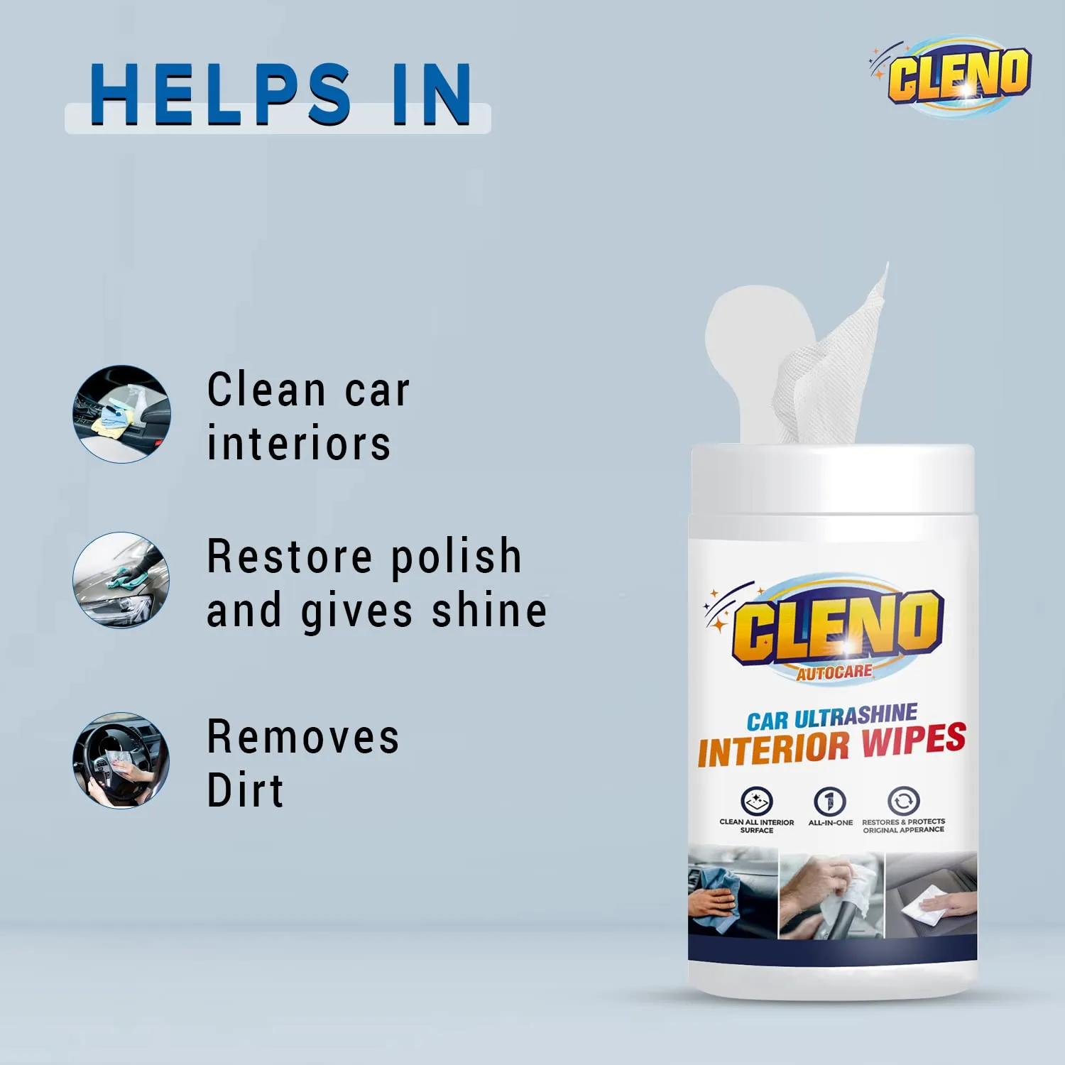 Cleno Car Ultrashine Interior Wipes|Clean All Car Interior Surface, Restores and Projects Original Appearance– 50 – Wipes (Ready to Use)