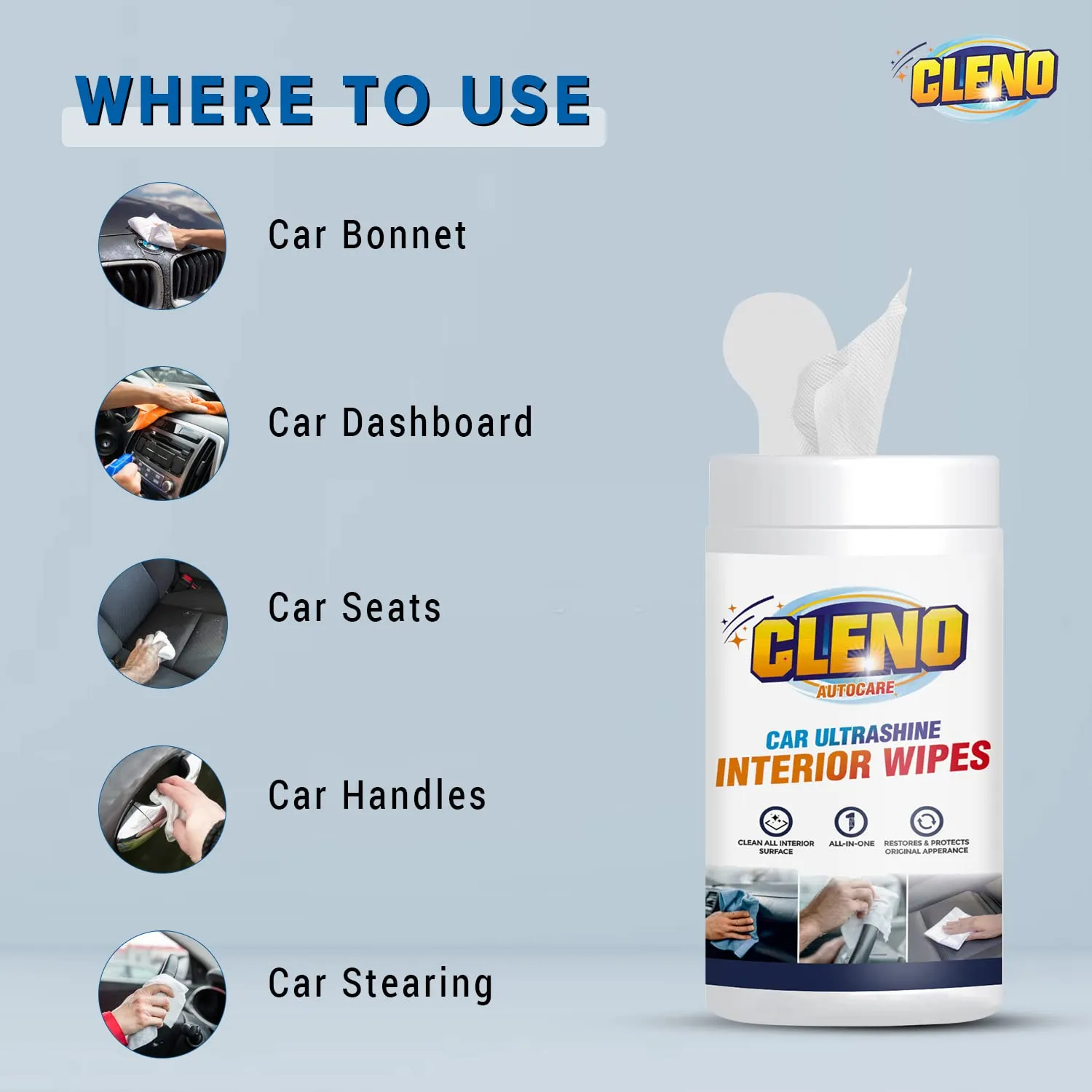 Cleno Car Ultrashine Interior Wipes|Clean All Car Interior Surface, Restores and Projects Original Appearance– 50 – Wipes (Ready to Use)