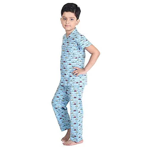 Clothe Funn Boy's Cotton Printed Pyjama Set Pack of 1 (BNS-001_Blue_12-18 Months)