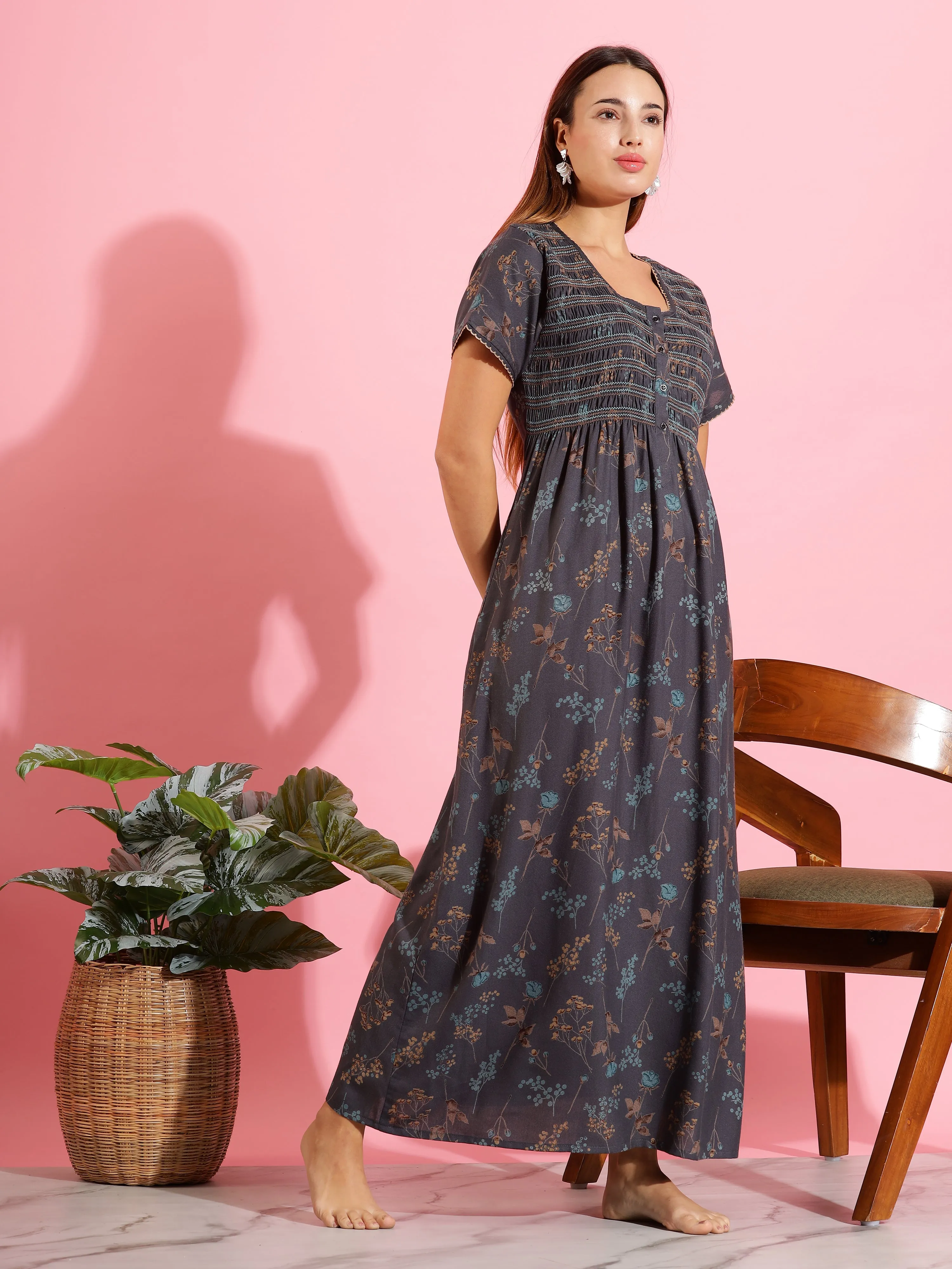 Dark Grey Alpine Pleated Nighty with Smoky Floral Design