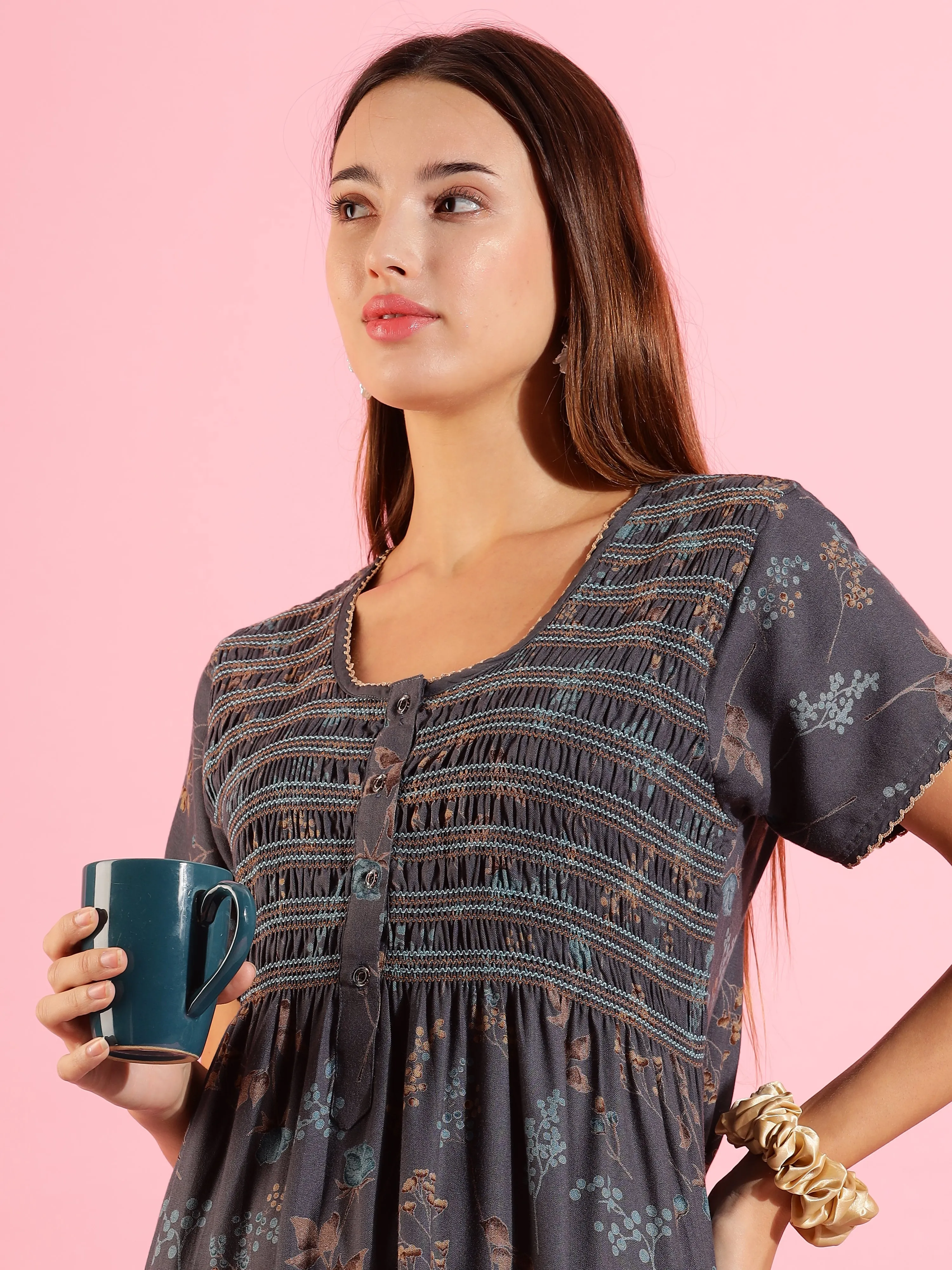 Dark Grey Alpine Pleated Nighty with Smoky Floral Design