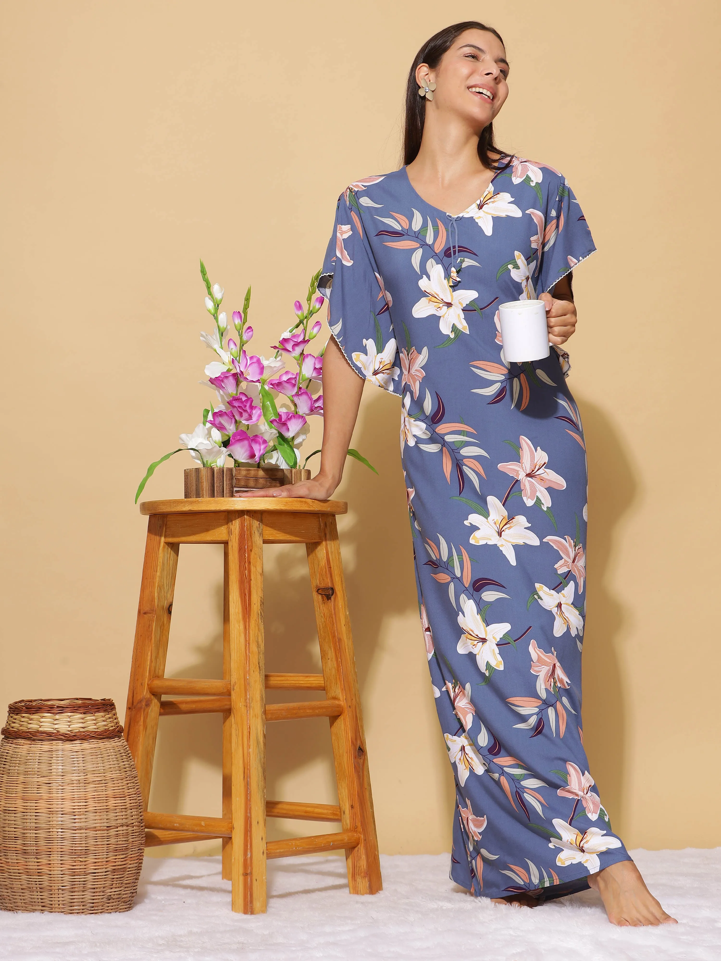 Denim Blue Rayon Designer Maxi Nighty