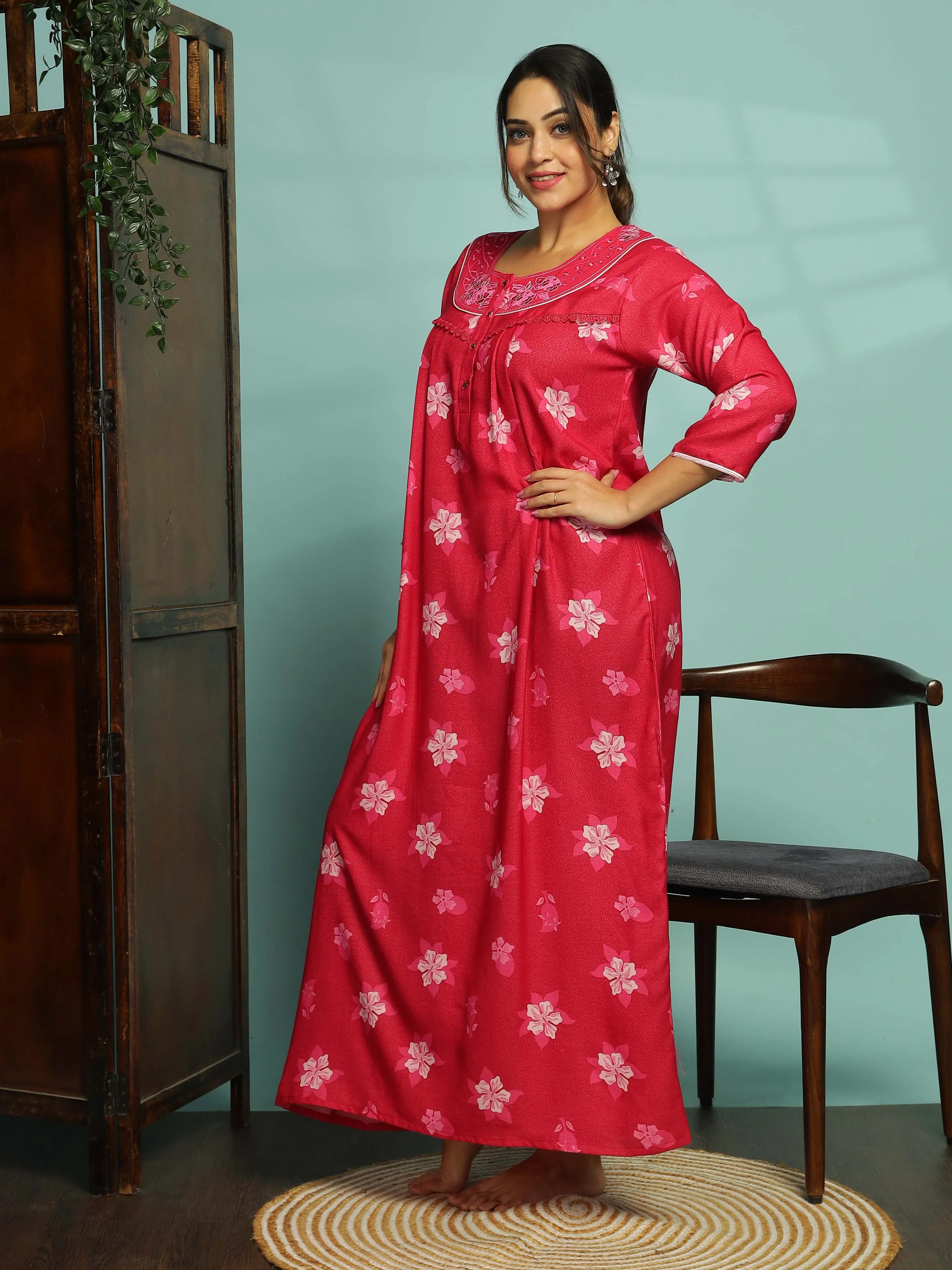 Designer Pink Nighty with Embroidery With 3/4th Sleeve Maxi Dress