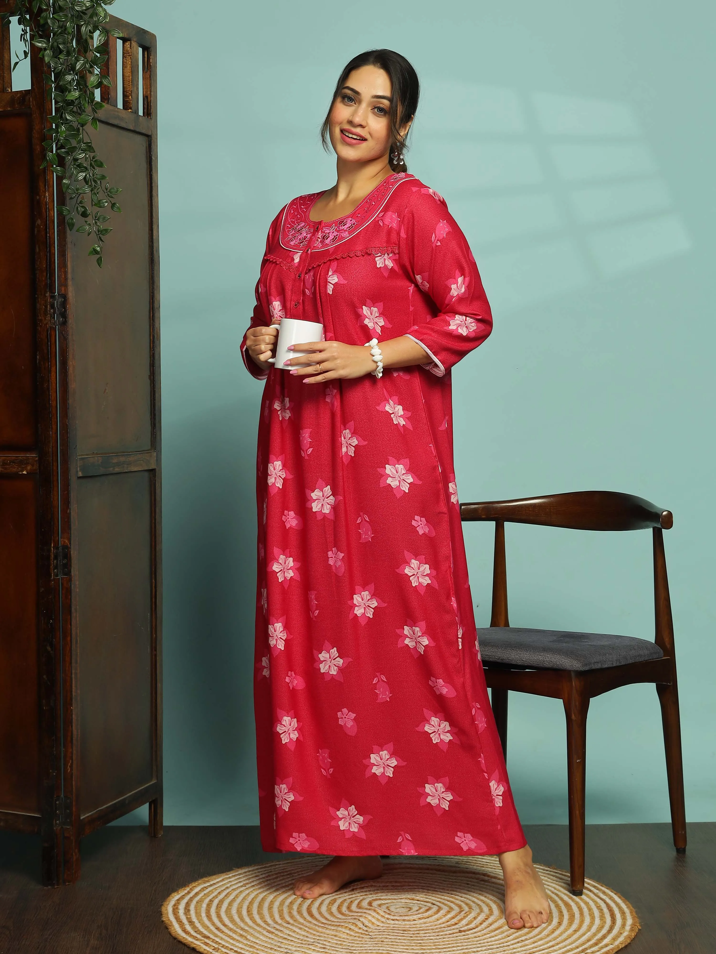 Designer Pink Nighty with Embroidery With 3/4th Sleeve Maxi Dress