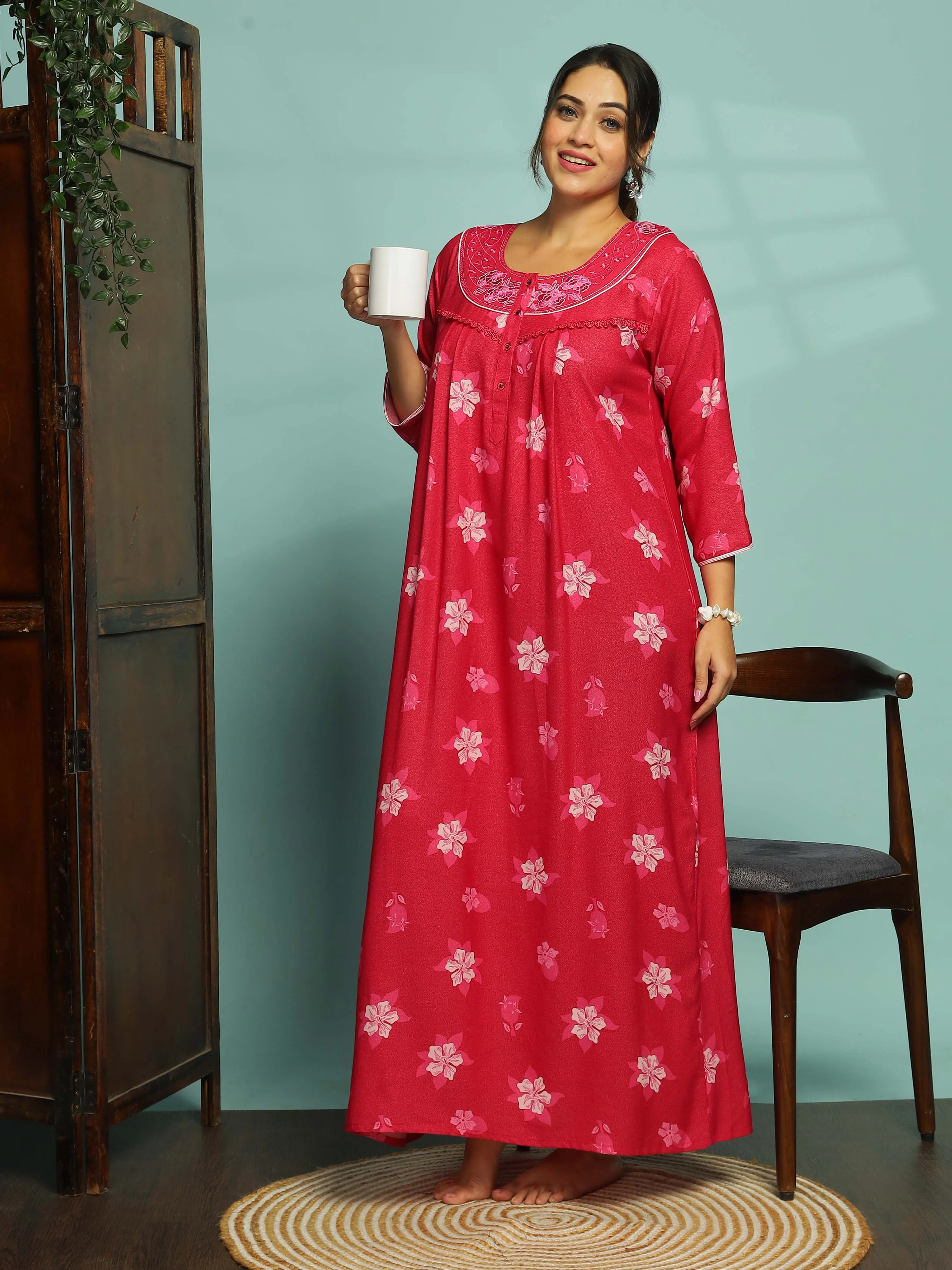 Designer Pink Nighty with Embroidery With 3/4th Sleeve Maxi Dress