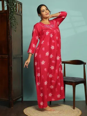 Designer Pink Nighty with Embroidery With 3/4th Sleeve Maxi Dress