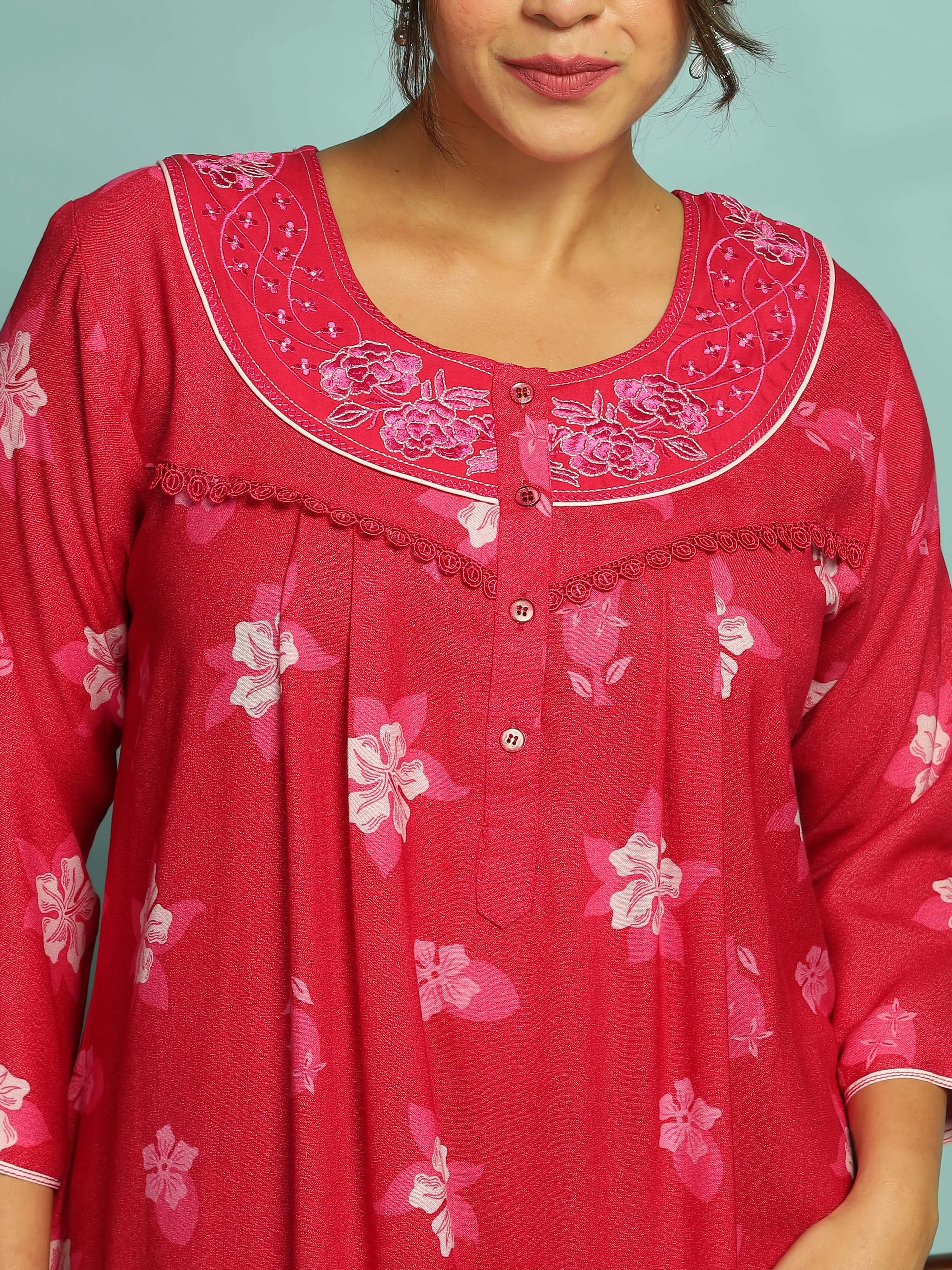 Designer Pink Nighty with Embroidery With 3/4th Sleeve Maxi Dress