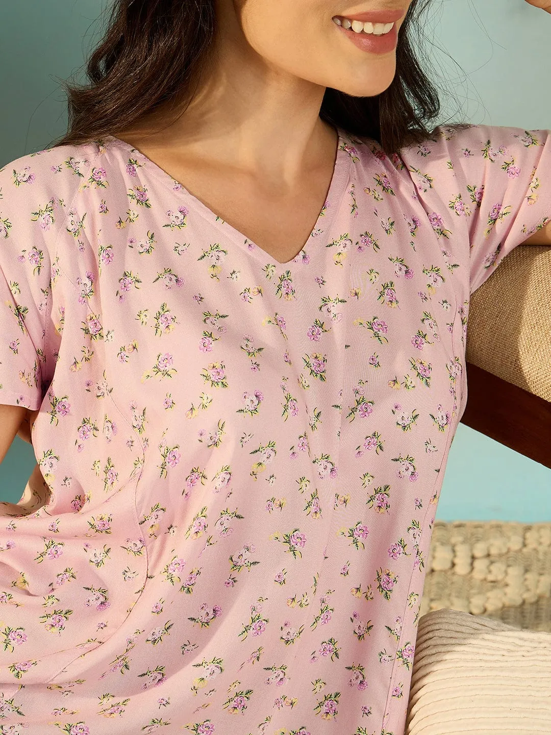 Ditsy Floral Peach A-Line Chic Nightdress For Women