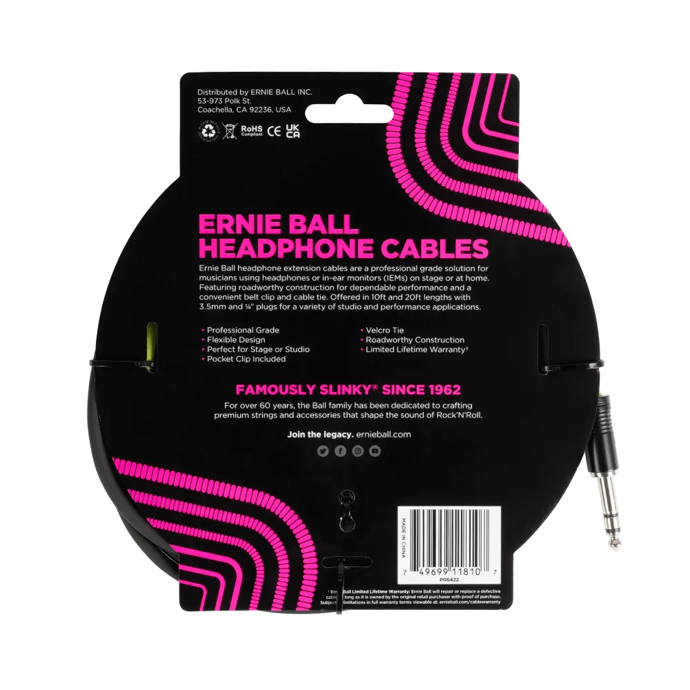 Ernie Ball Headphone Extension Cable 1/4 To 3.5Mm 10Ft - Black