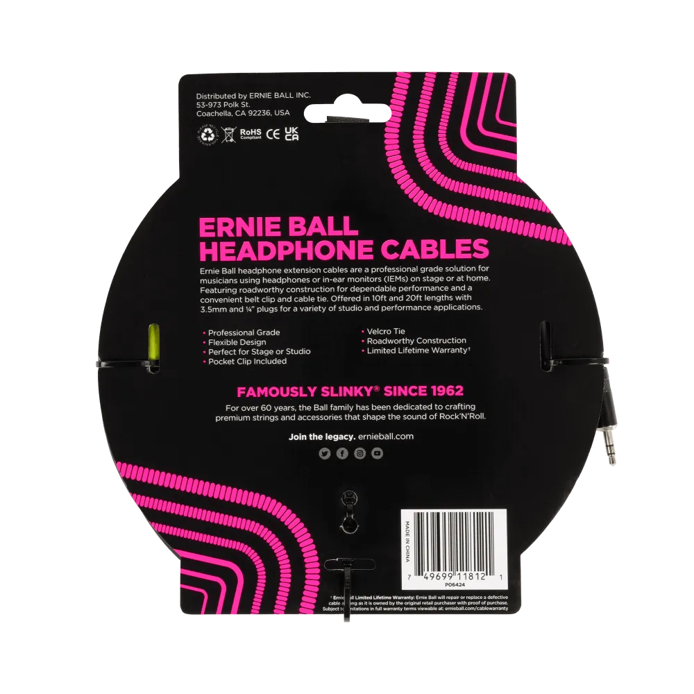 Ernie Ball Headphone Extension Cable 3.5Mm To 3.5Mm 10Ft - Black