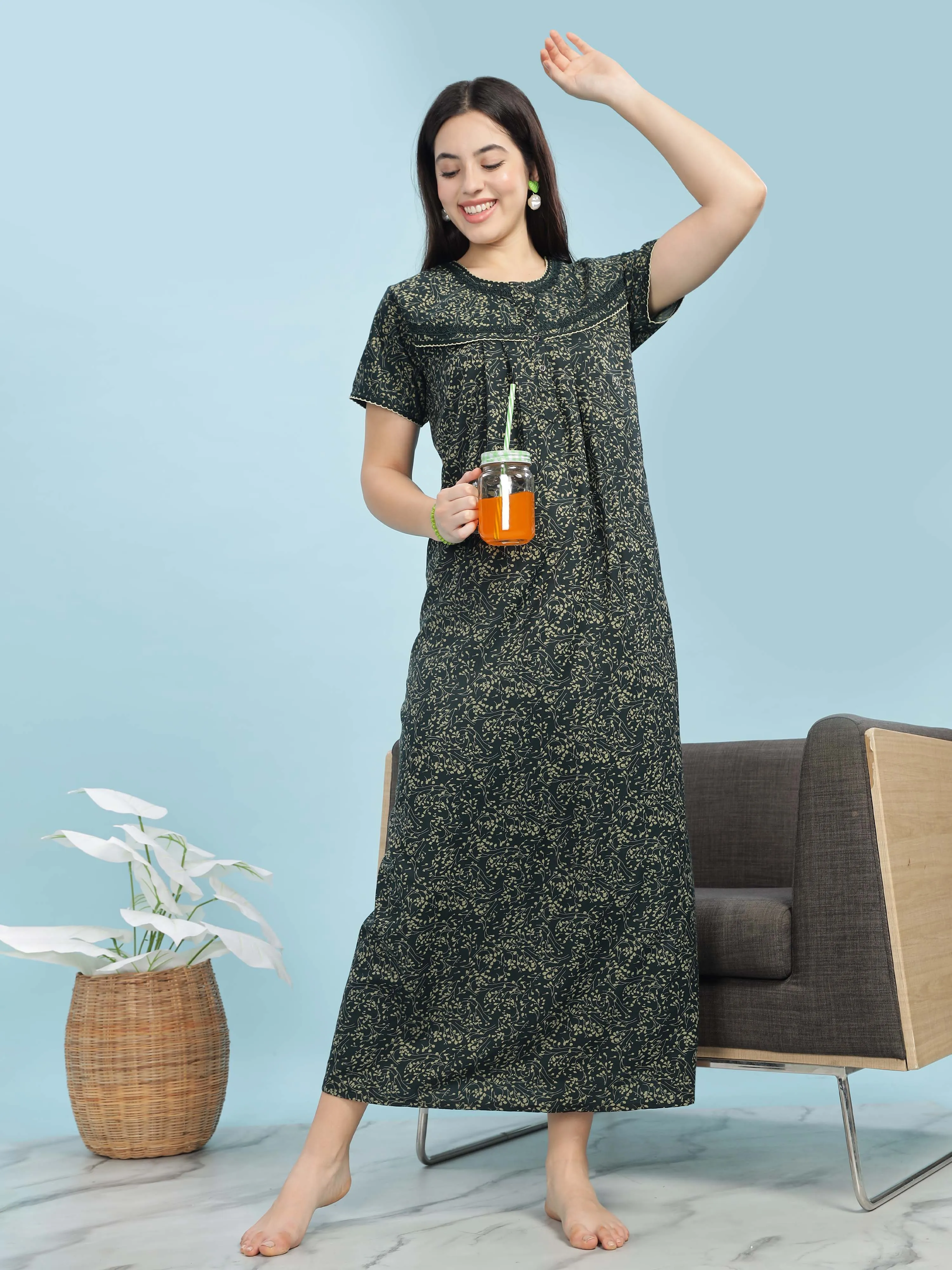 Green Floral Designer Nighty – Soft, Breathable & Stylish Nightwear