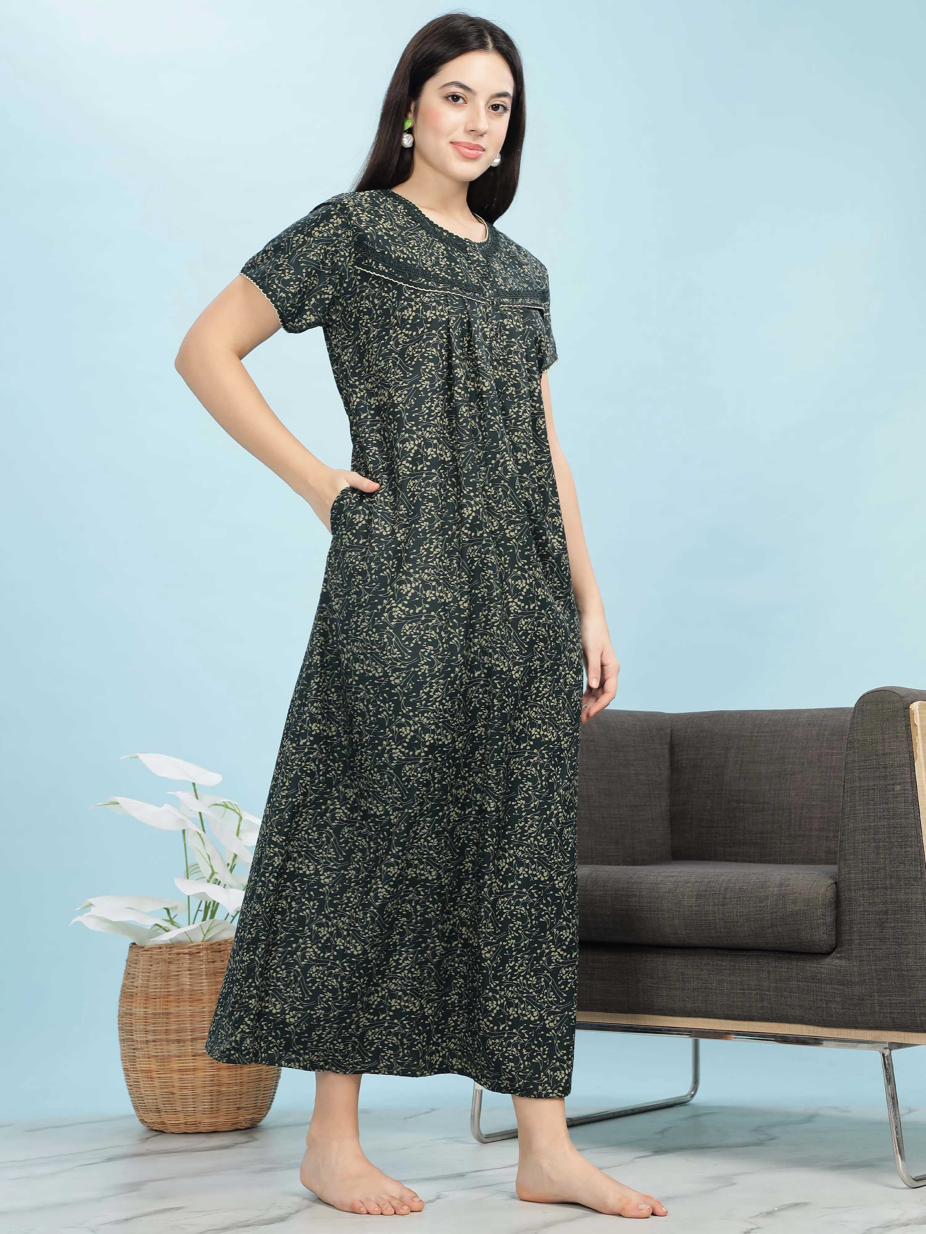 Green Floral Designer Nighty – Soft, Breathable & Stylish Nightwear