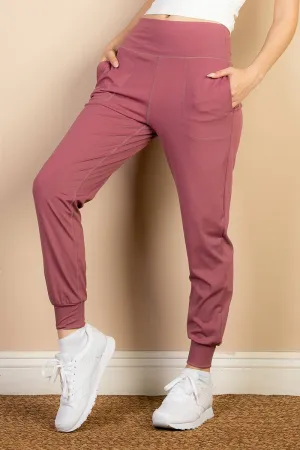 High Waisted Wide Waistband Joggers - Dusty Cedar