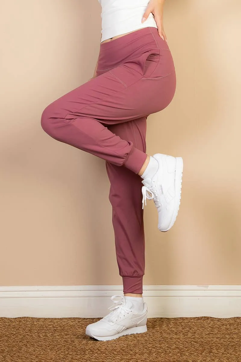 High Waisted Wide Waistband Joggers - Dusty Cedar