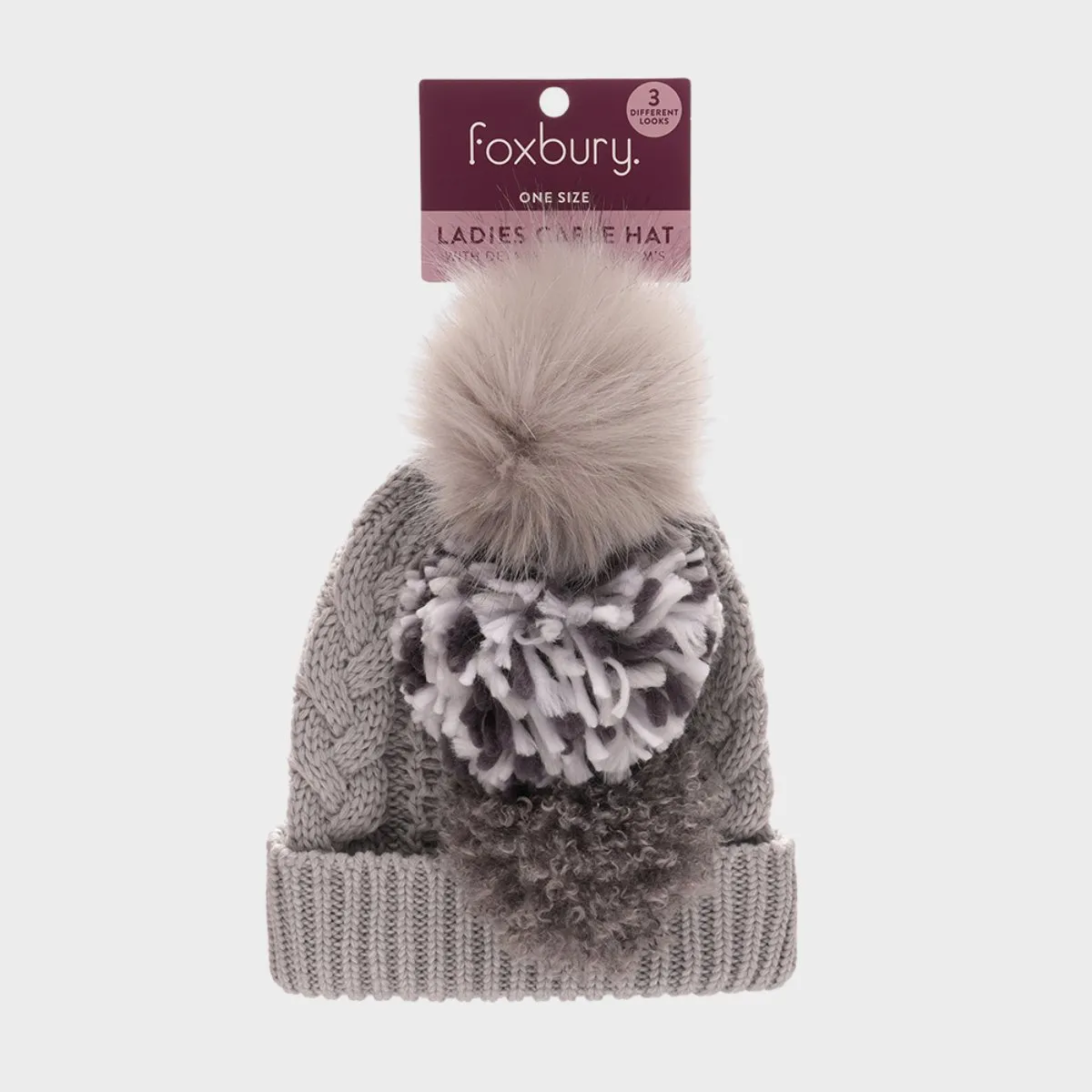 Ladies Cable Hat - 3 Detachable Pom Poms