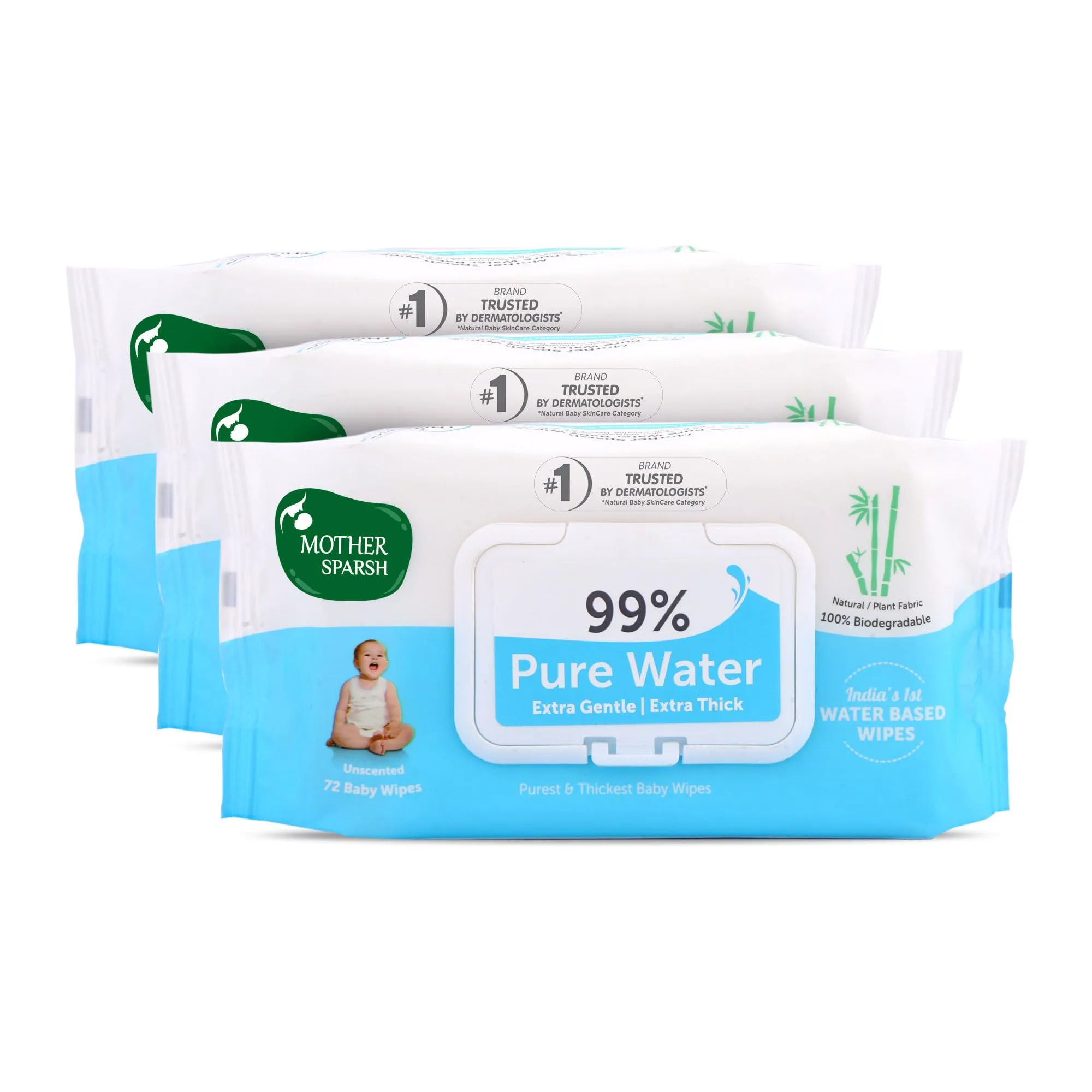 Mother Sparsh 99% Pure Water (Unscented) Baby Wipes I Natural Plant Made Cloth - Super Thick I 72 pcs/Pack - Pack of 3