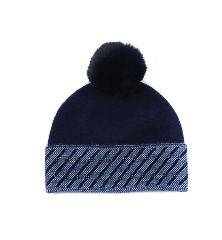 Navy Sparkly Hat With Faux Fur Pom Pom