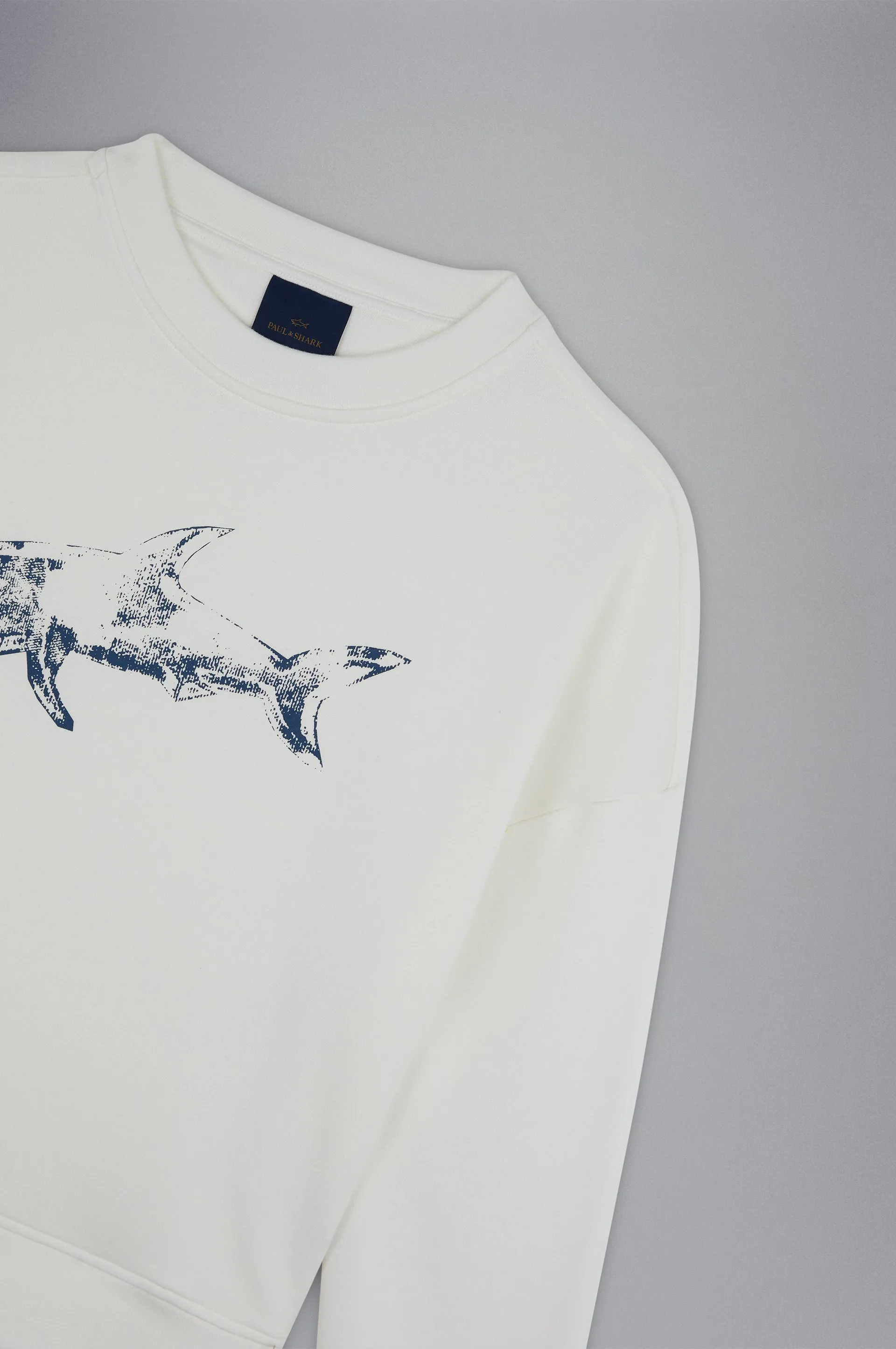 Paul & Shark Winter Fleece Cotton Sweatshirt with Printed Shark | Cream