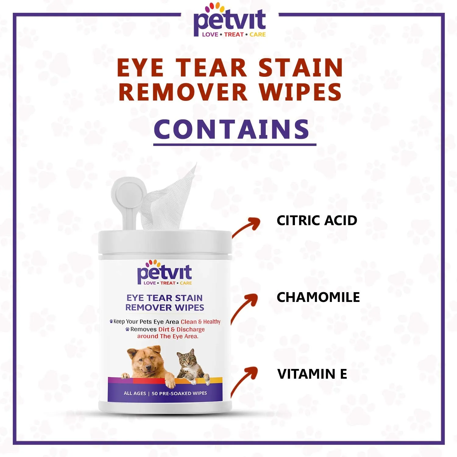 Petvit Eye Tear Stain Remover Wipes for Dogs, Cats and Puppies - Fragrance Less Stain Remover Wipes 50 Wipes | for All Breeds & Age Group