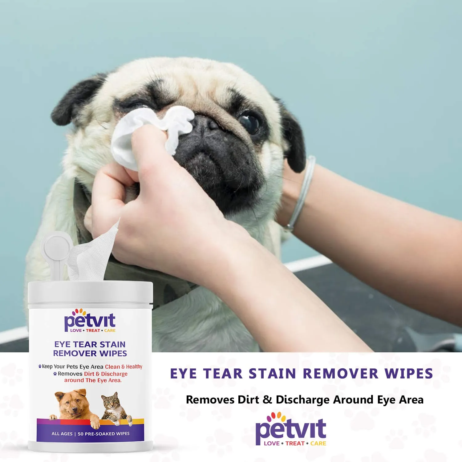 Petvit Eye Tear Stain Remover Wipes for Dogs, Cats and Puppies - Fragrance Less Stain Remover Wipes 50 Wipes | for All Breeds & Age Group