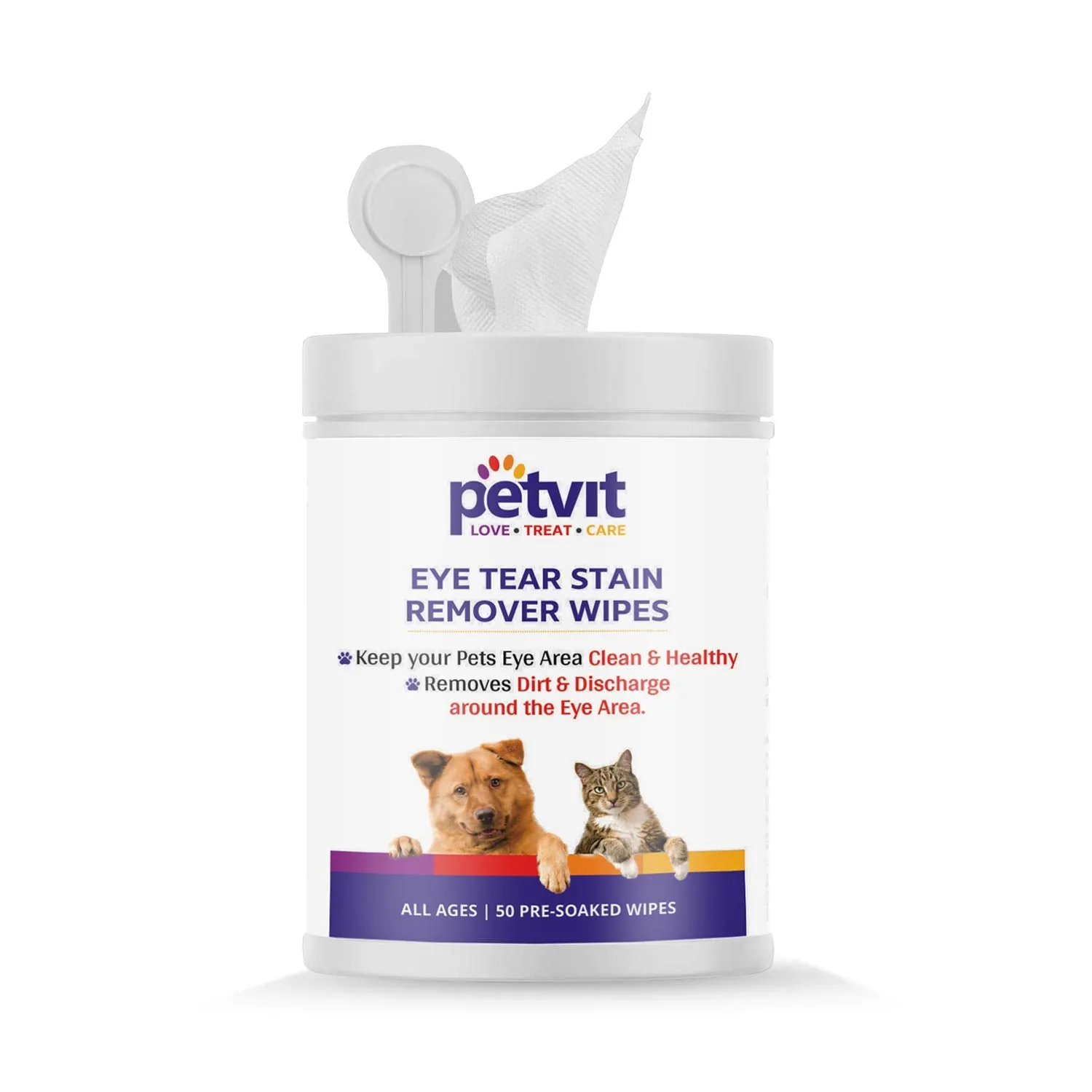 Petvit Eye Tear Stain Remover Wipes for Dogs, Cats and Puppies - Fragrance Less Stain Remover Wipes 50 Wipes | for All Breeds & Age Group