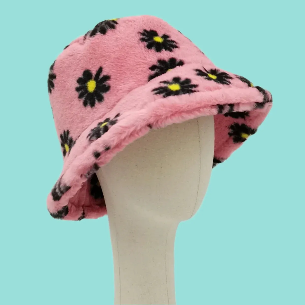 Pink Floral Faux Fur Bucket Hat