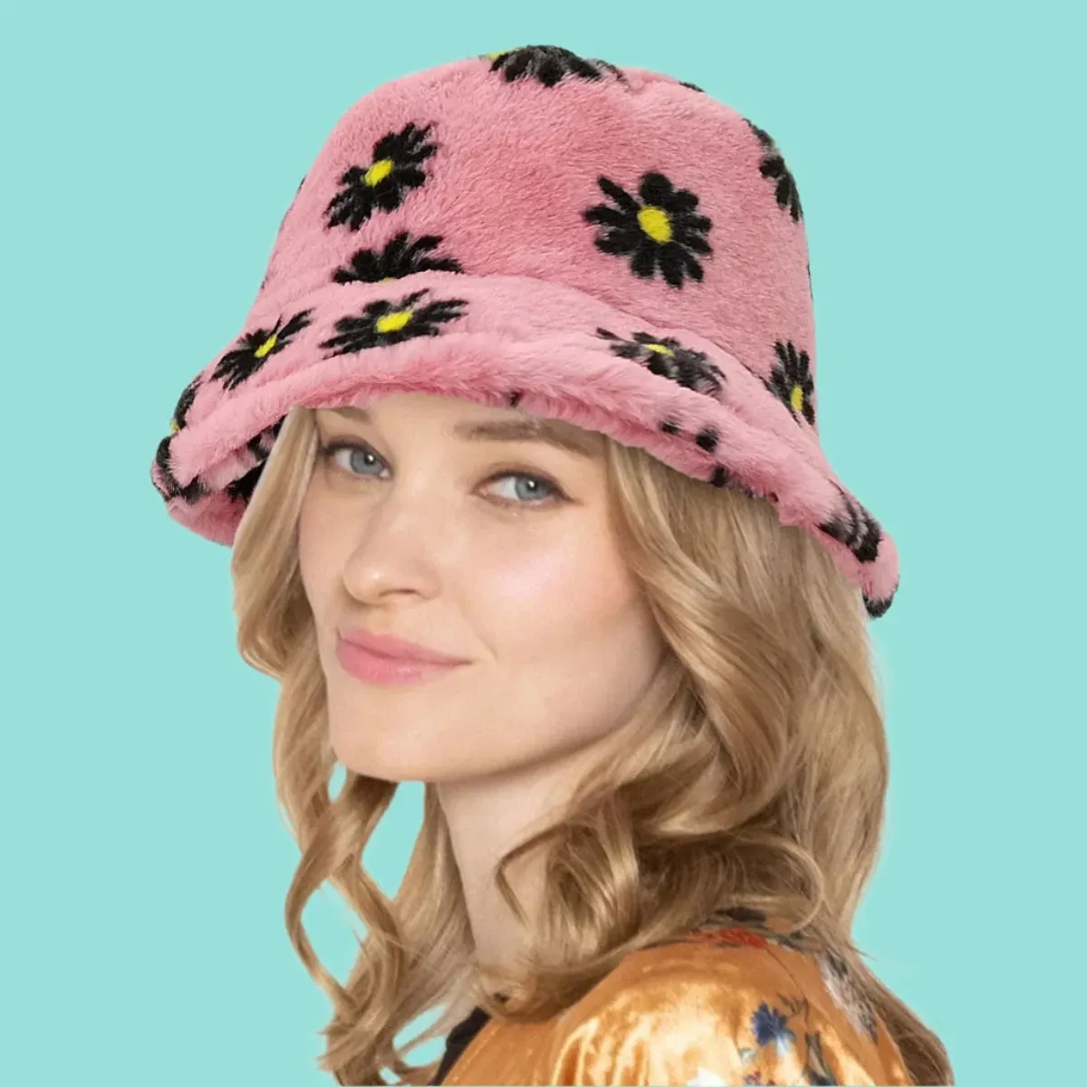 Pink Floral Faux Fur Bucket Hat