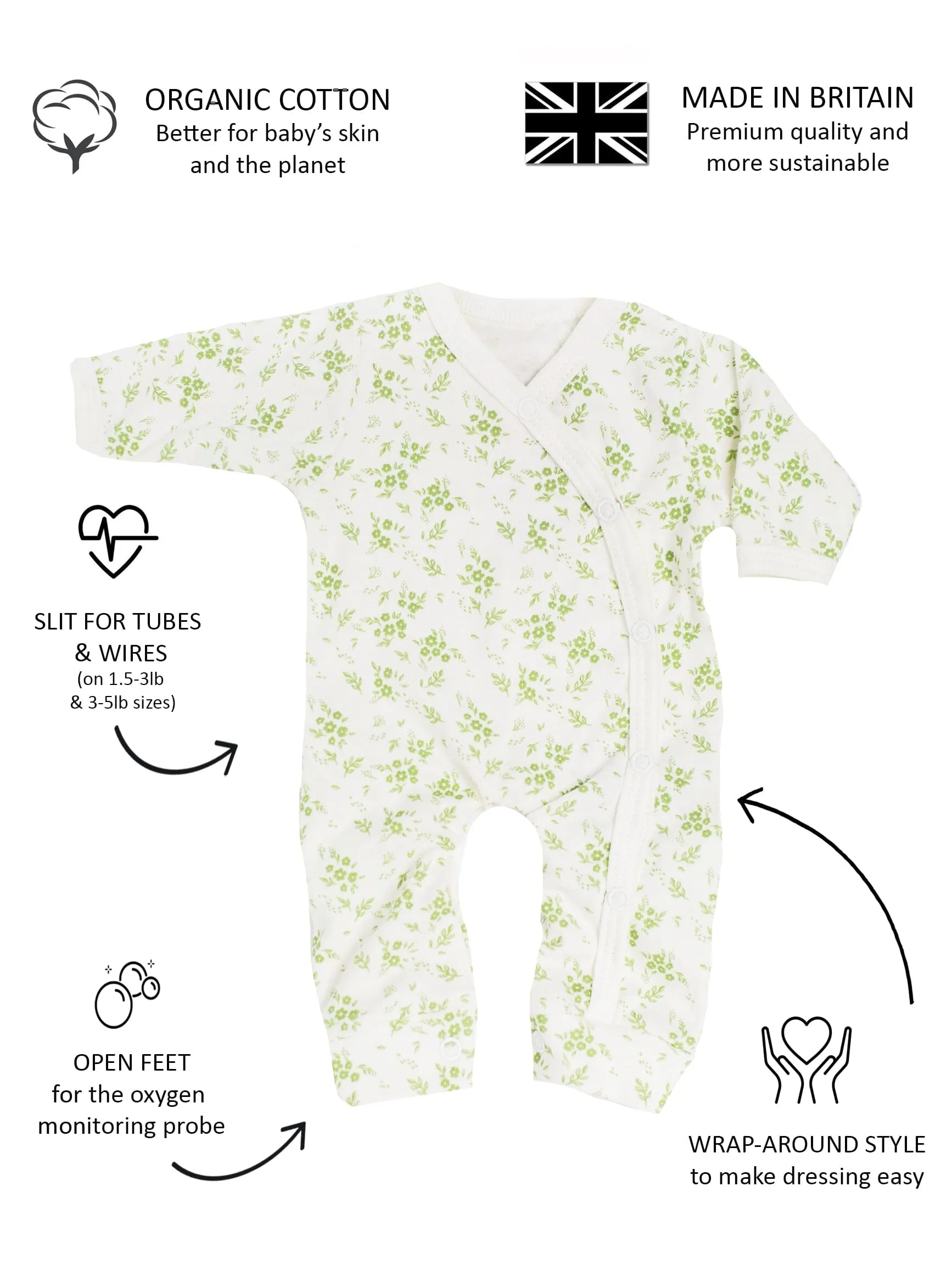 Preemie Girl Sleepsuit, Apple Floral, Premium 100% Organic Cotton