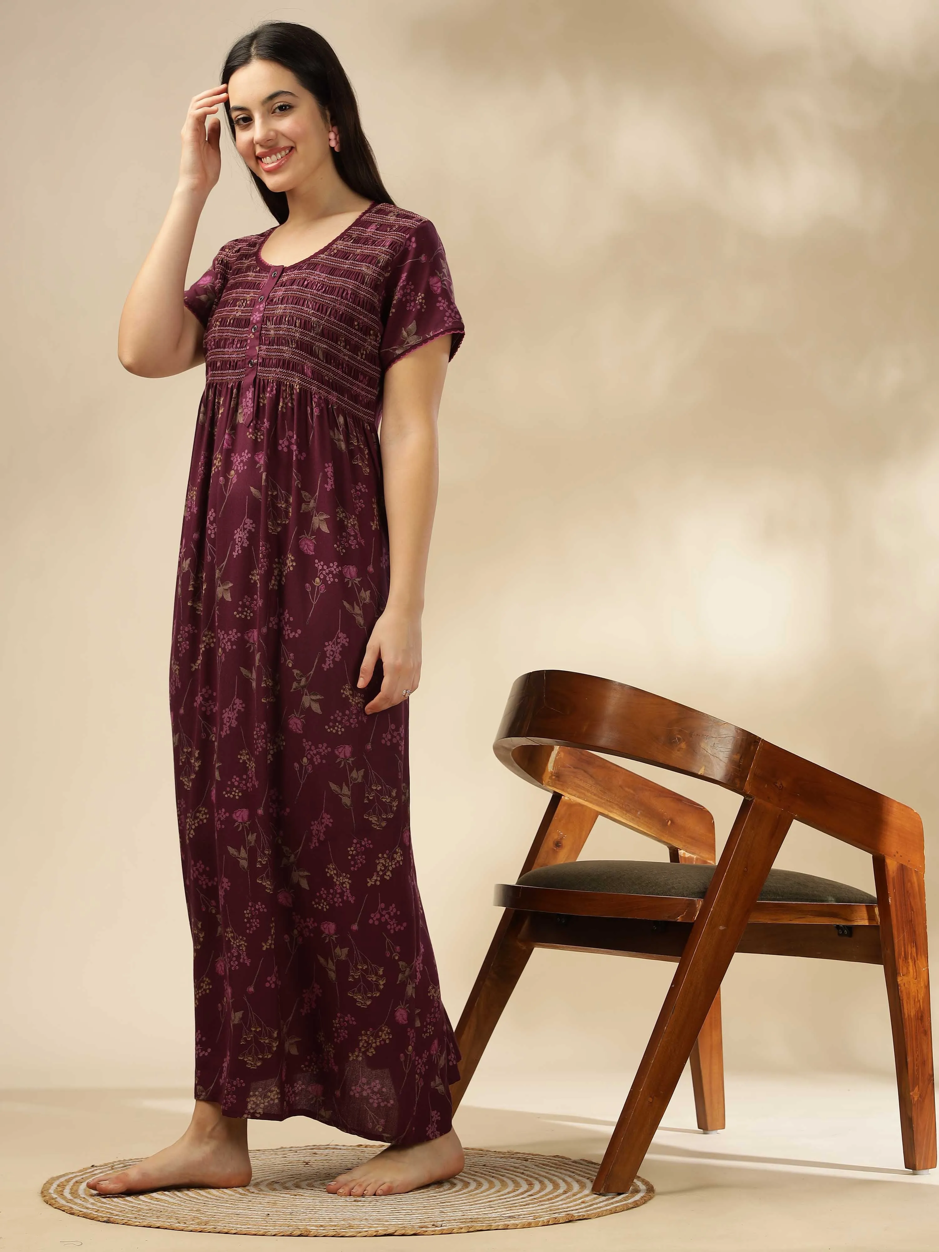 Purple Smoky Floral Alpine Maxi Nighty | Stylish & Comfortable