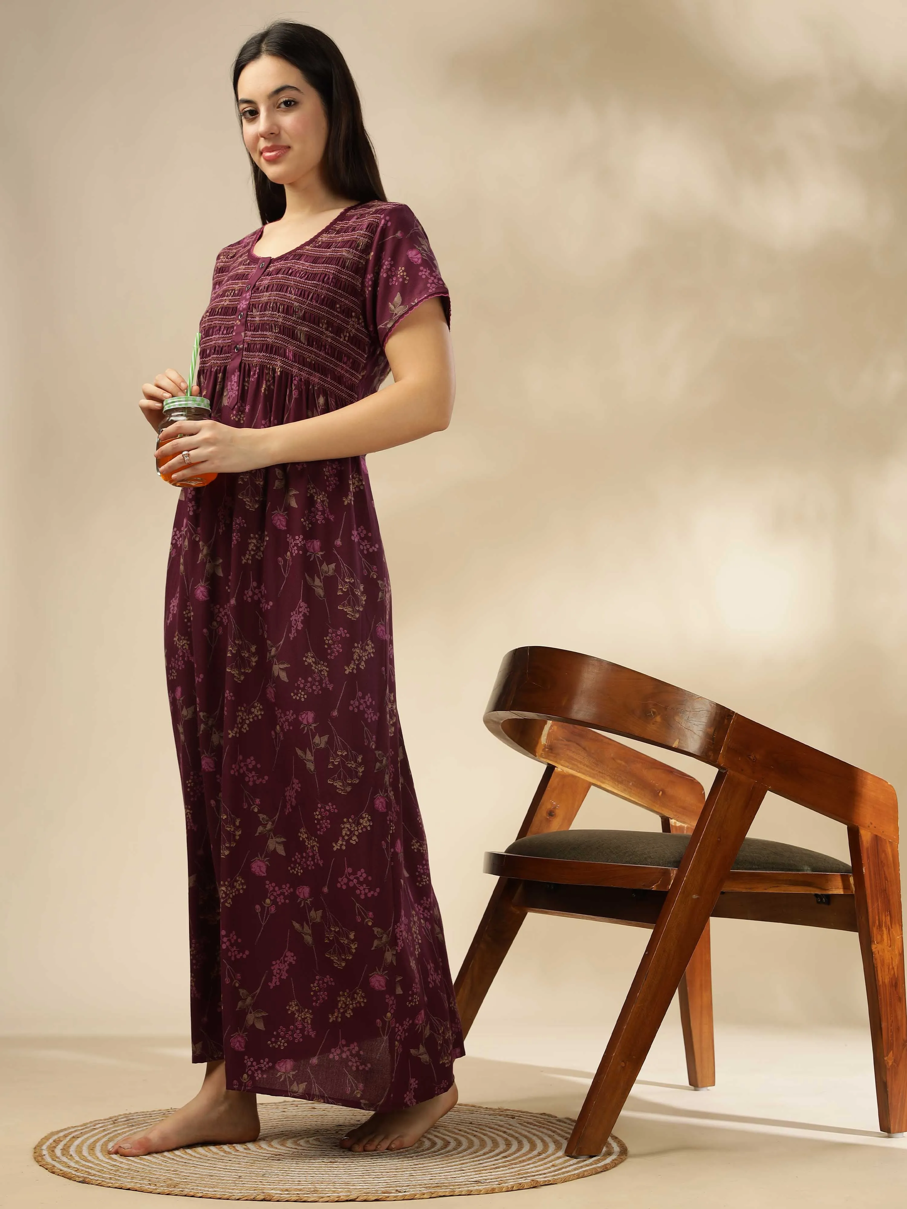 Purple Smoky Floral Alpine Maxi Nighty | Stylish & Comfortable